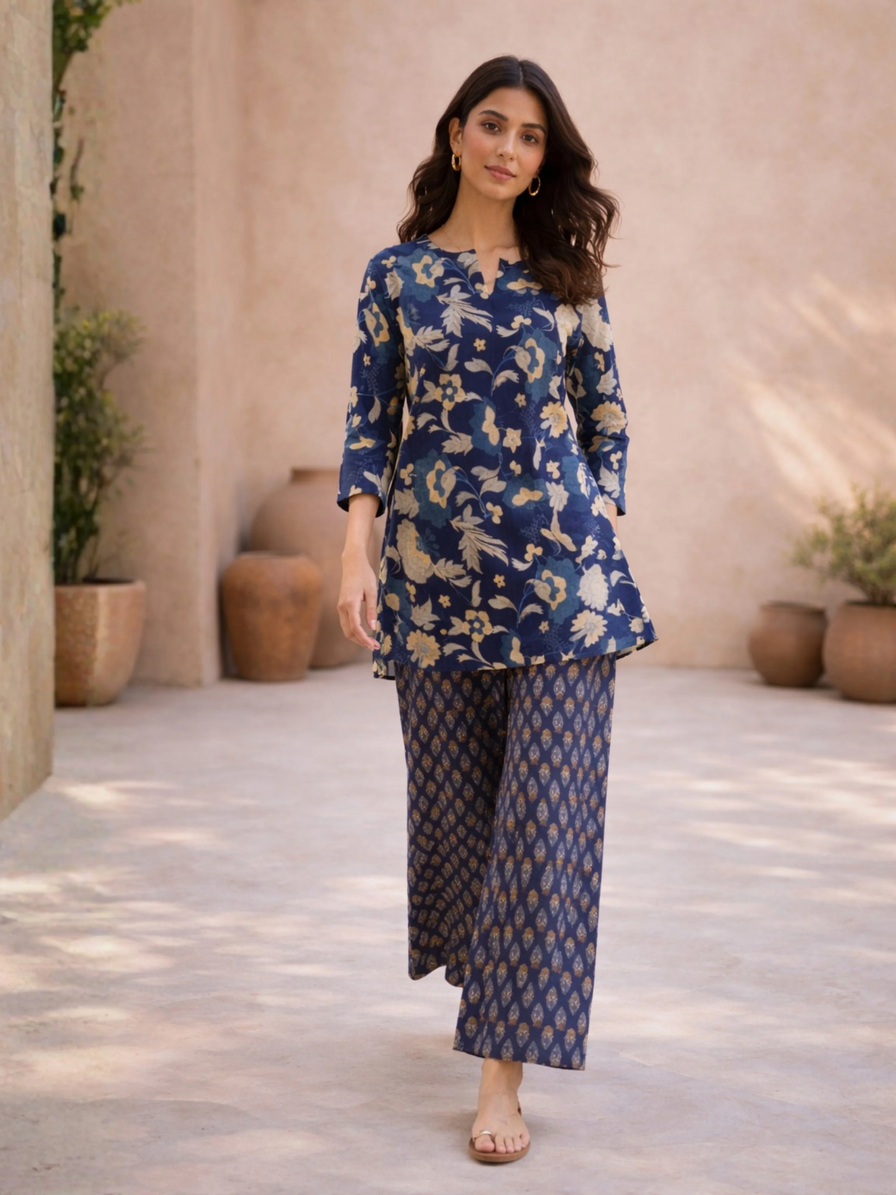 Navy Blue Petal Hush Print Pure Cotton Round neck Co-ord set - Image 2