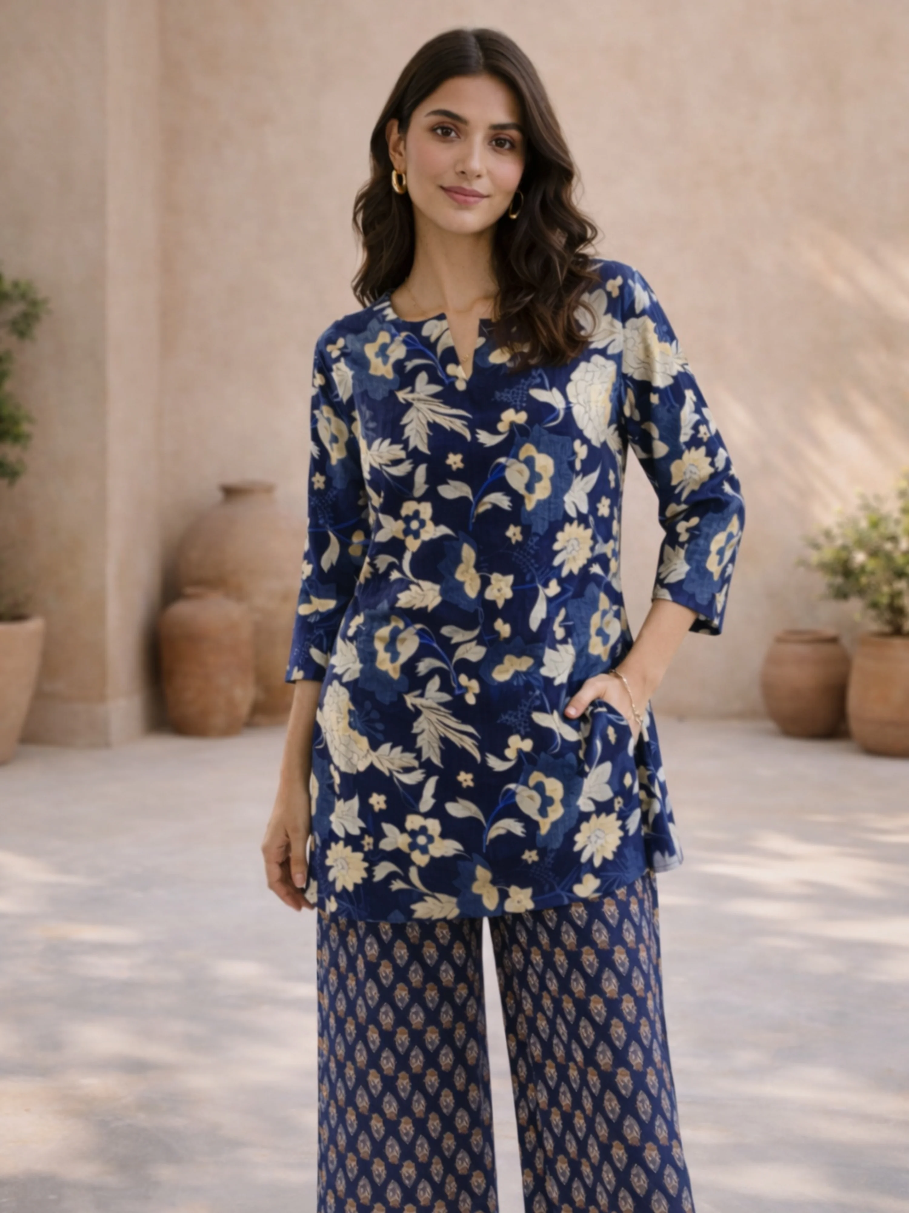Navy Blue Petal Hush Print Pure Cotton Round neck Co-ord set - Image 3