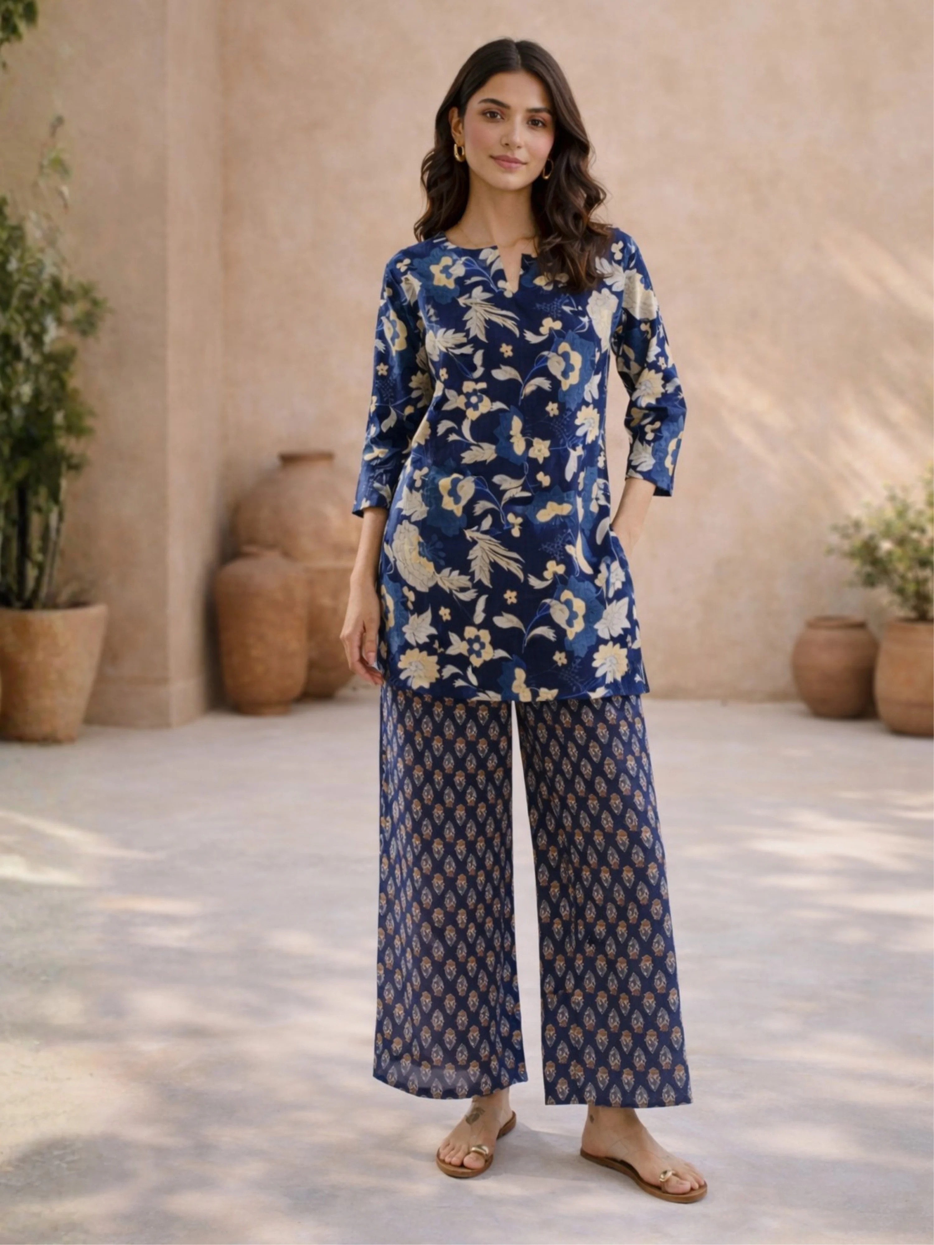 Navy Blue Petal Hush Print Pure Cotton Round neck Co-ord set - Image 4