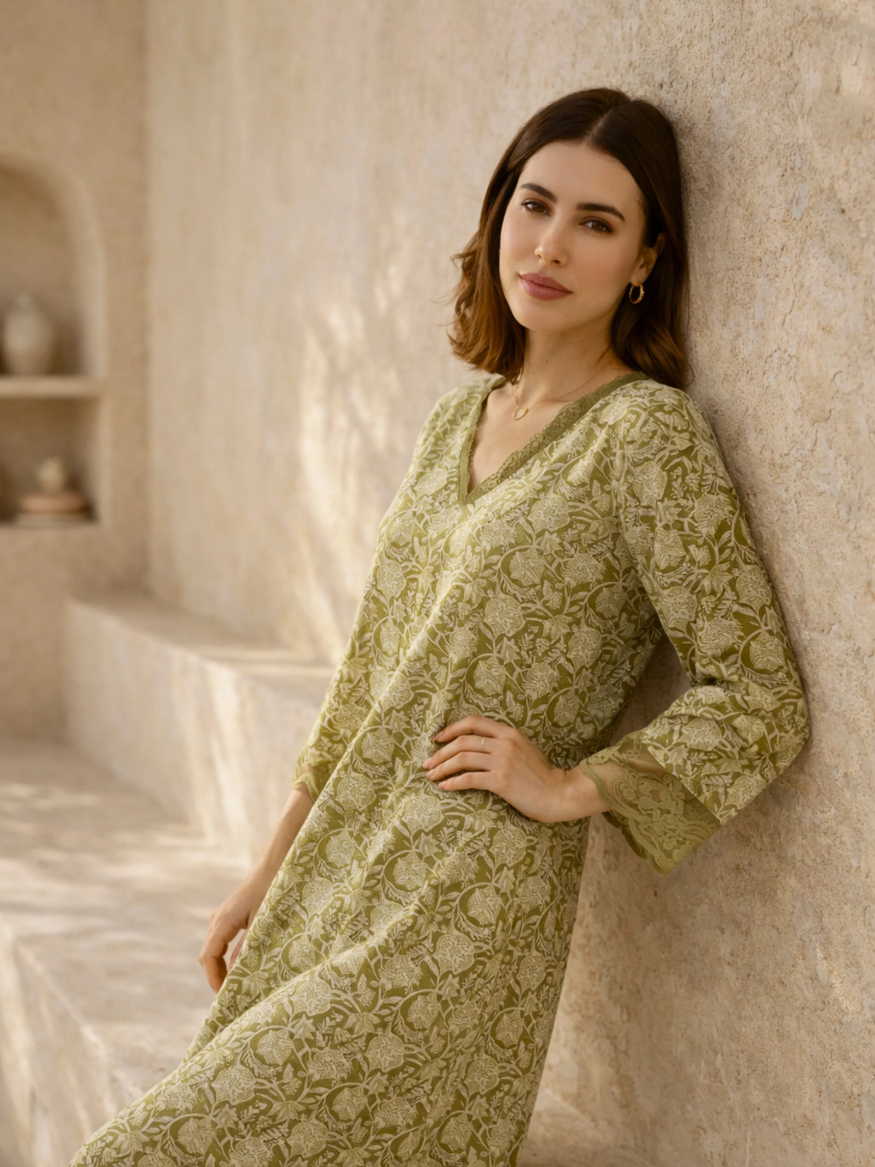 Olive Green Dazzel Floral Pure Cotton V neck Night Maxi - Image 3