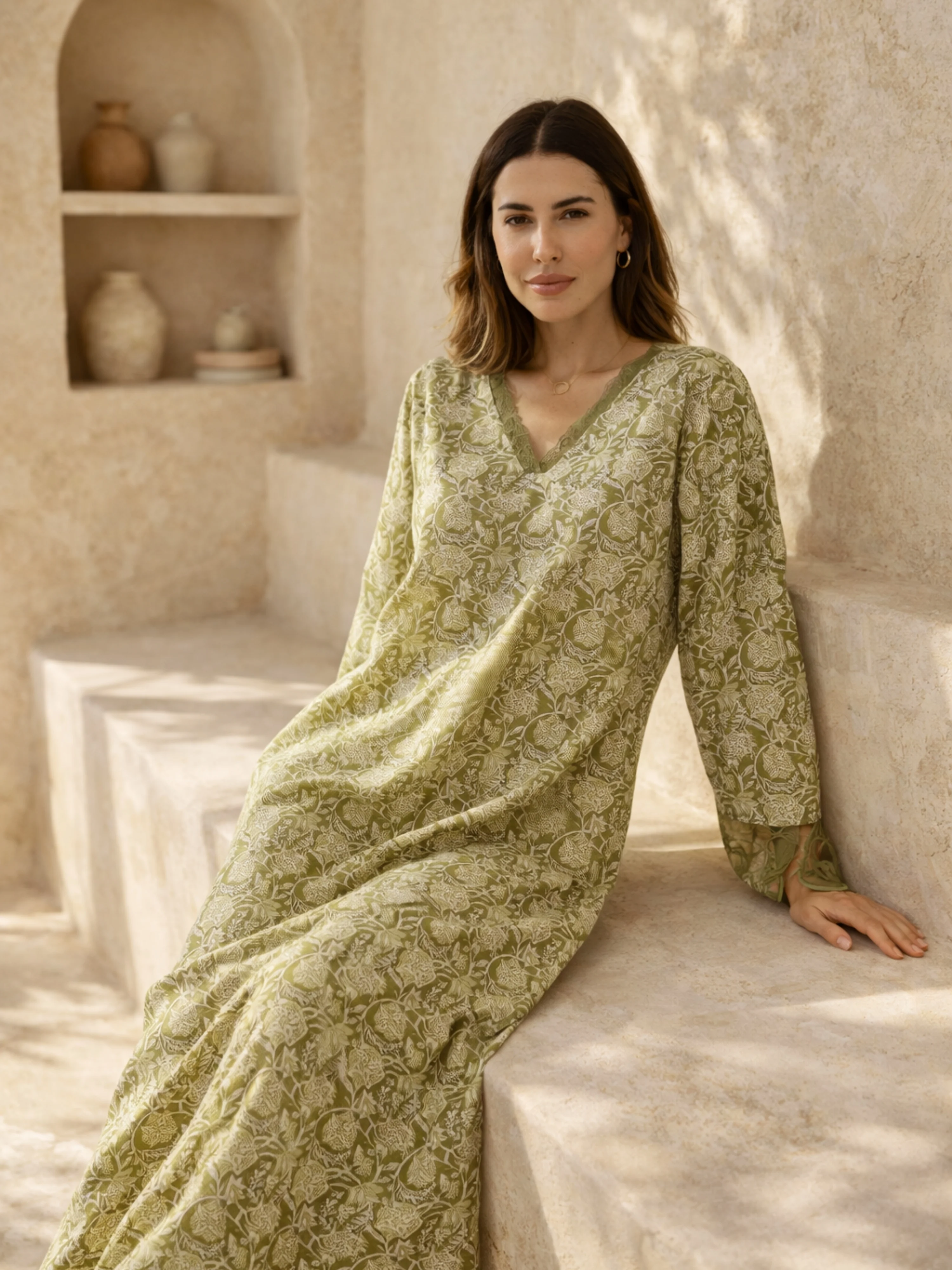 Olive Green Dazzel Floral Pure Cotton V neck Night Maxi - Image 4