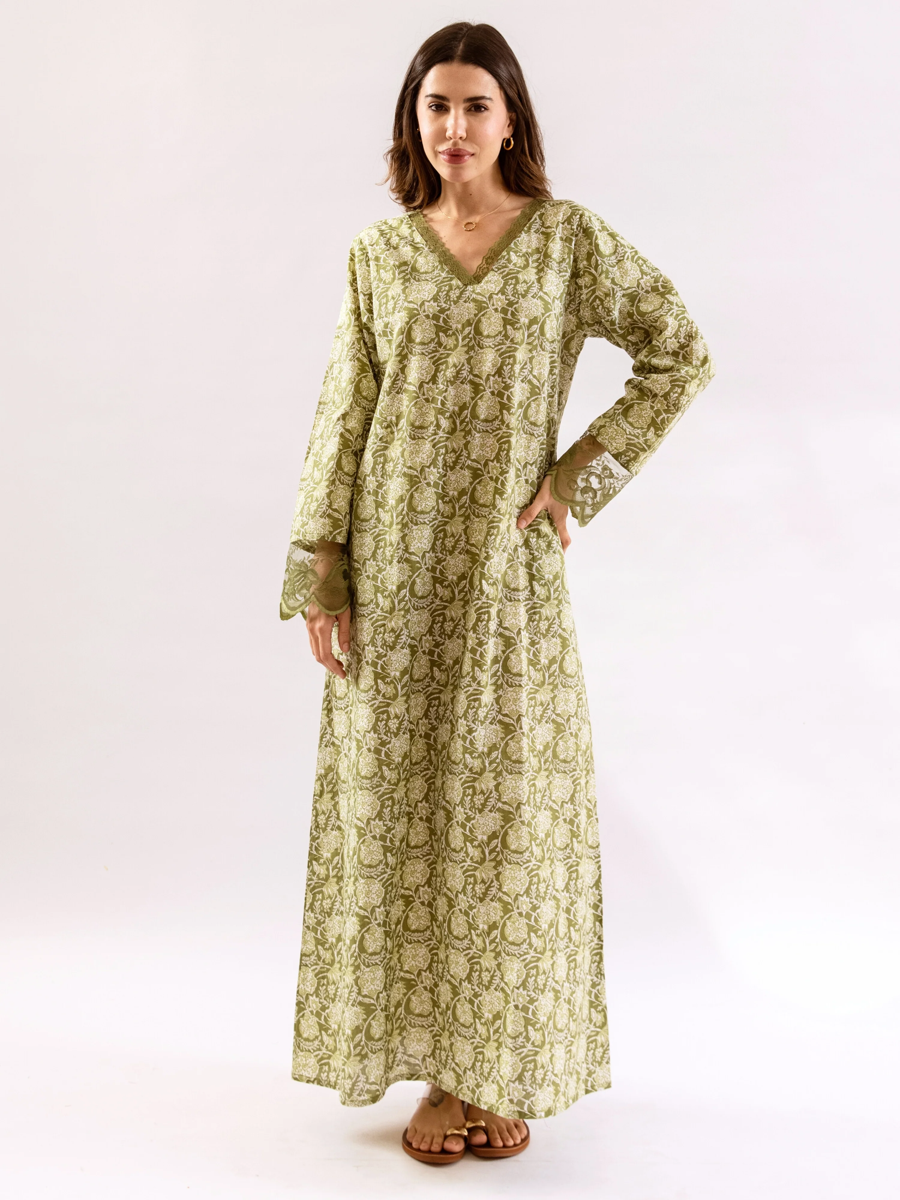 Olive Green Dazzel Floral Pure Cotton V neck Night Maxi - Image 5