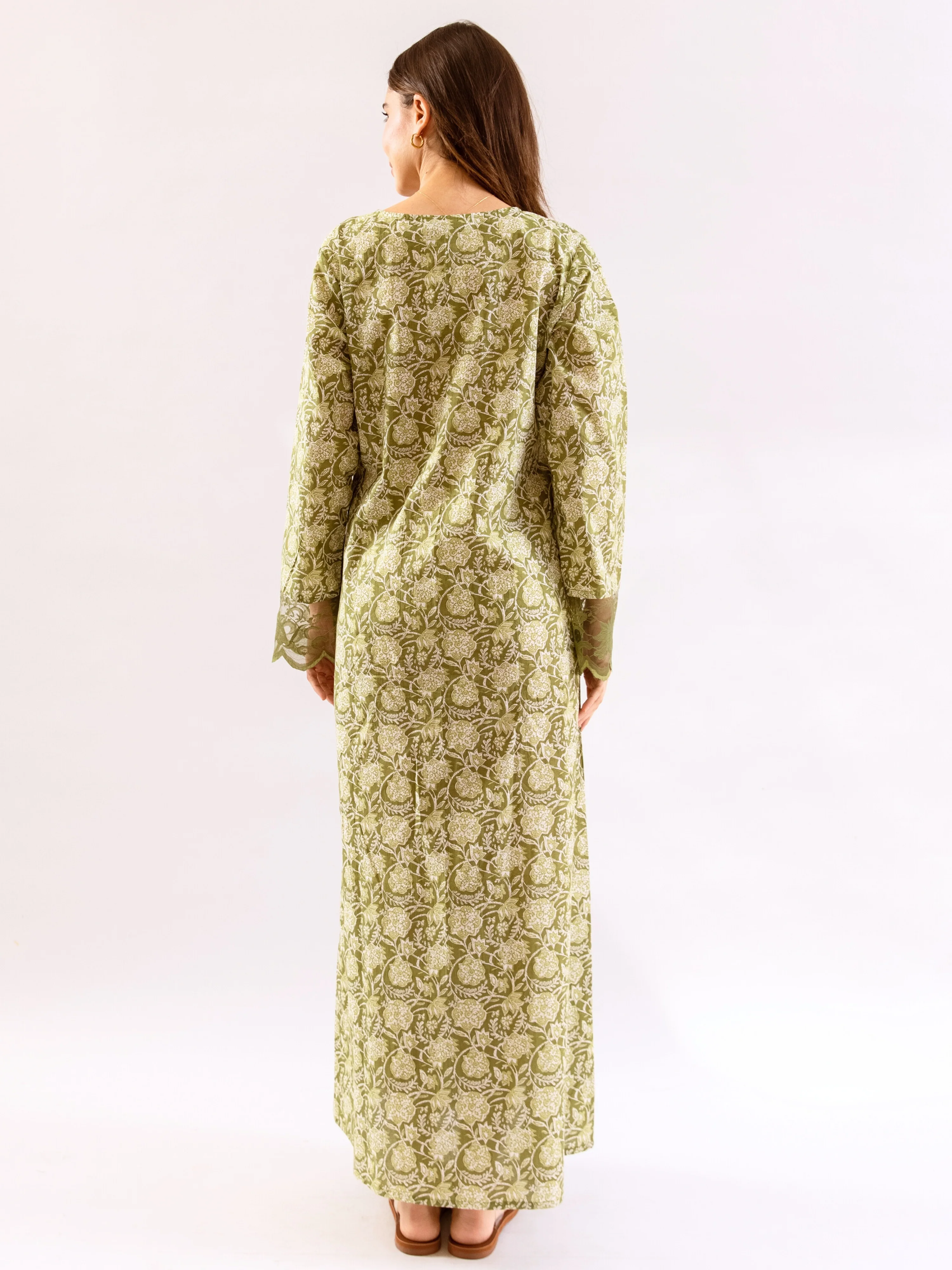 Olive Green Dazzel Floral Pure Cotton V neck Night Maxi - Image 6