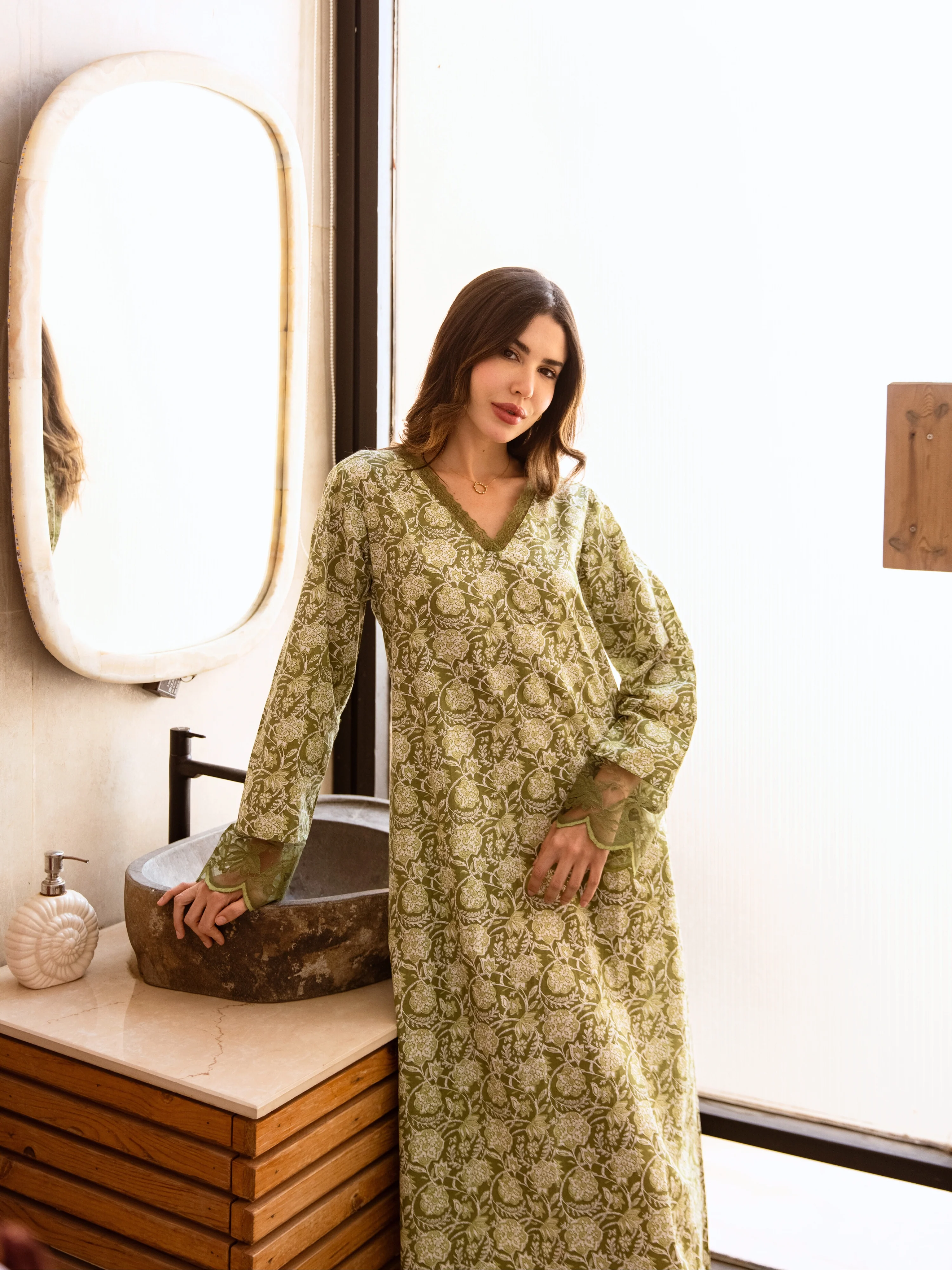 Olive Green Dazzel Floral Pure Cotton V neck Night Maxi - Image 8