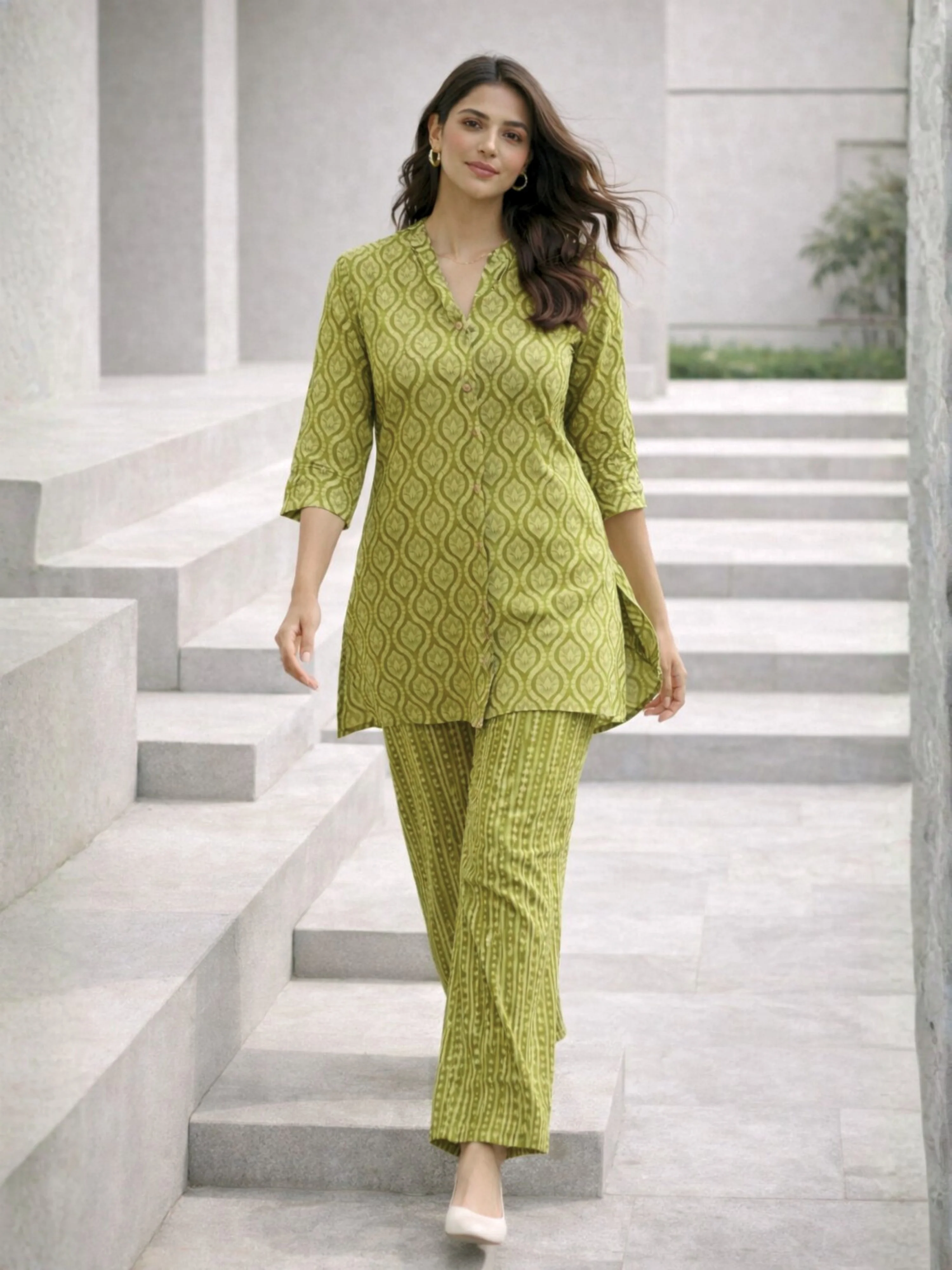 Olive Muse Pure Cotton Women's Back Pleated Co-ord Set - Image 2