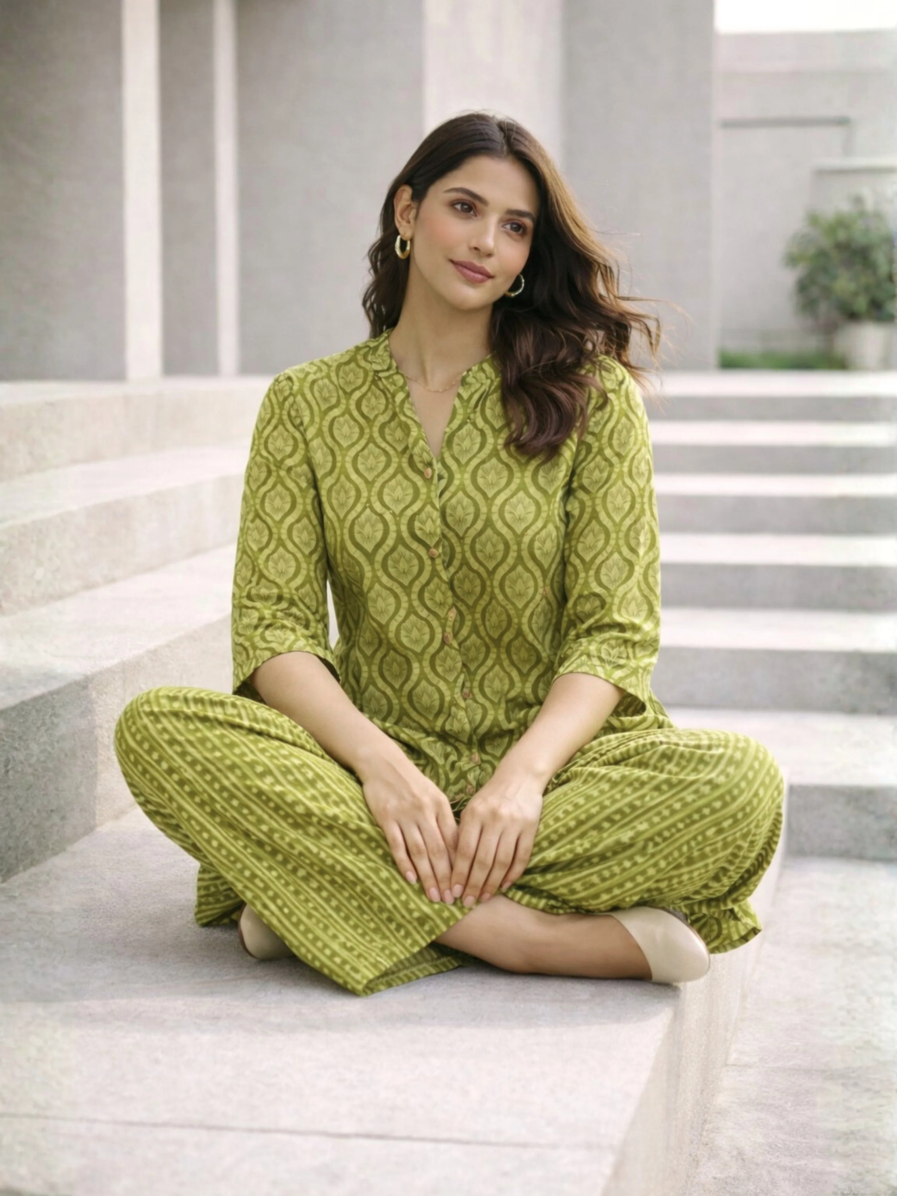 Olive Muse Pure Cotton Women's Back Pleated Co-ord Set - Image 3