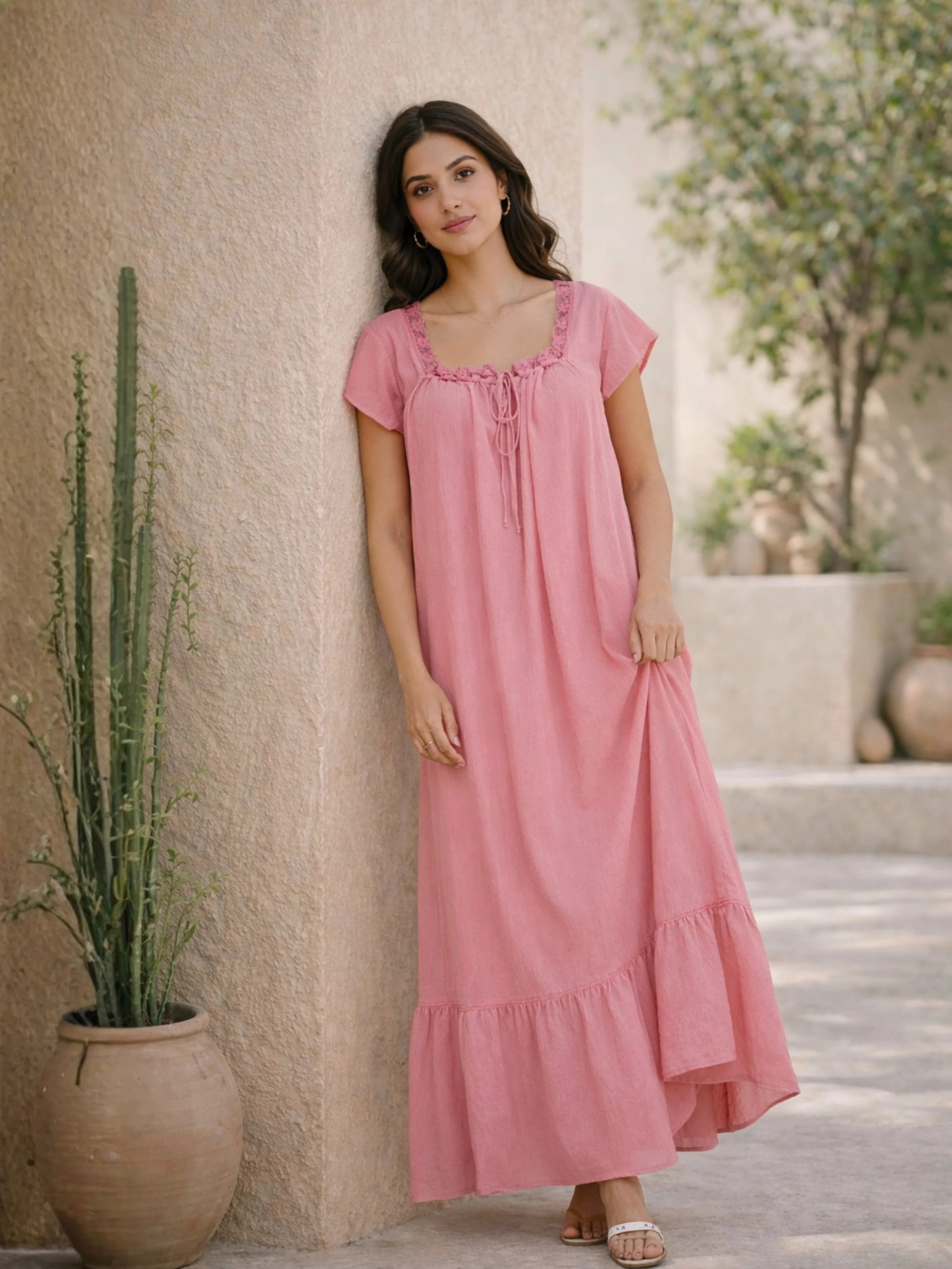 Candy Pink Flared Soft Crepe Night Maxi - Image 3