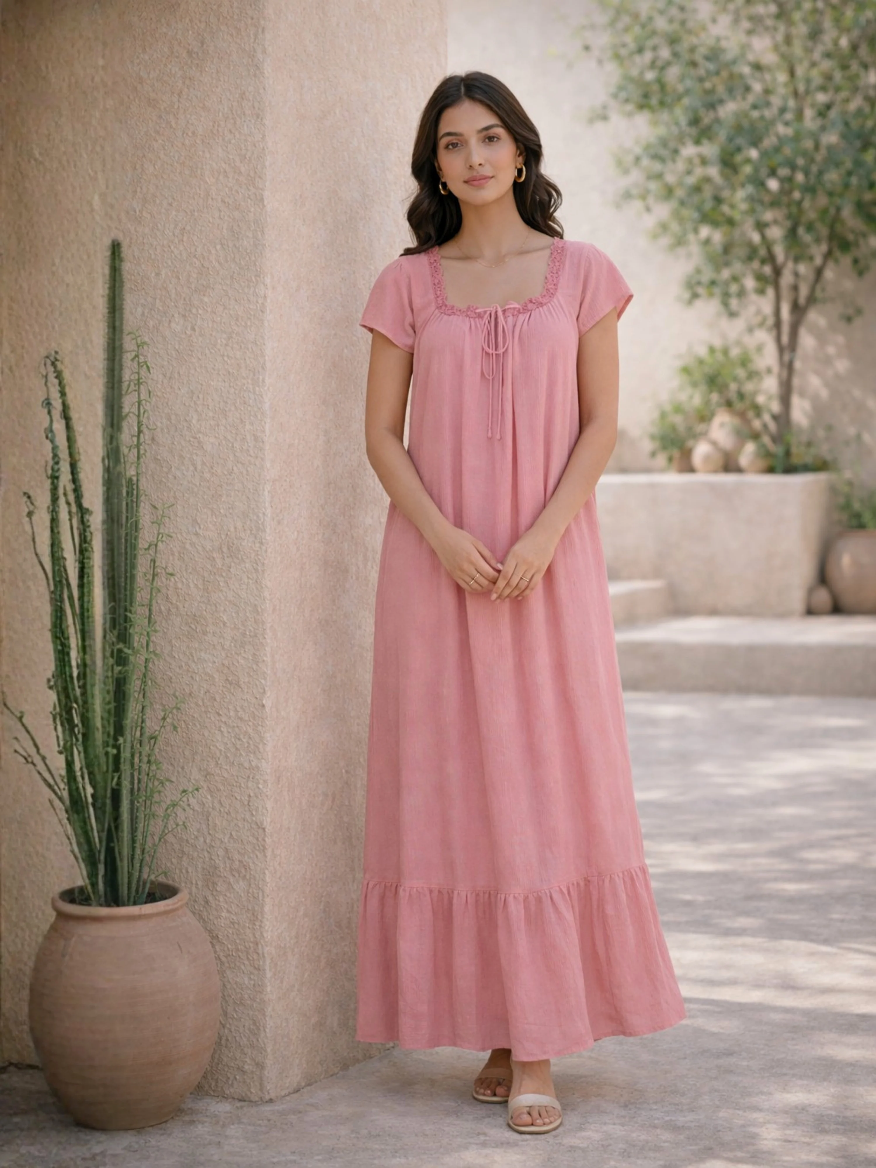 Candy Pink Flared Soft Crepe Night Maxi - Image 4