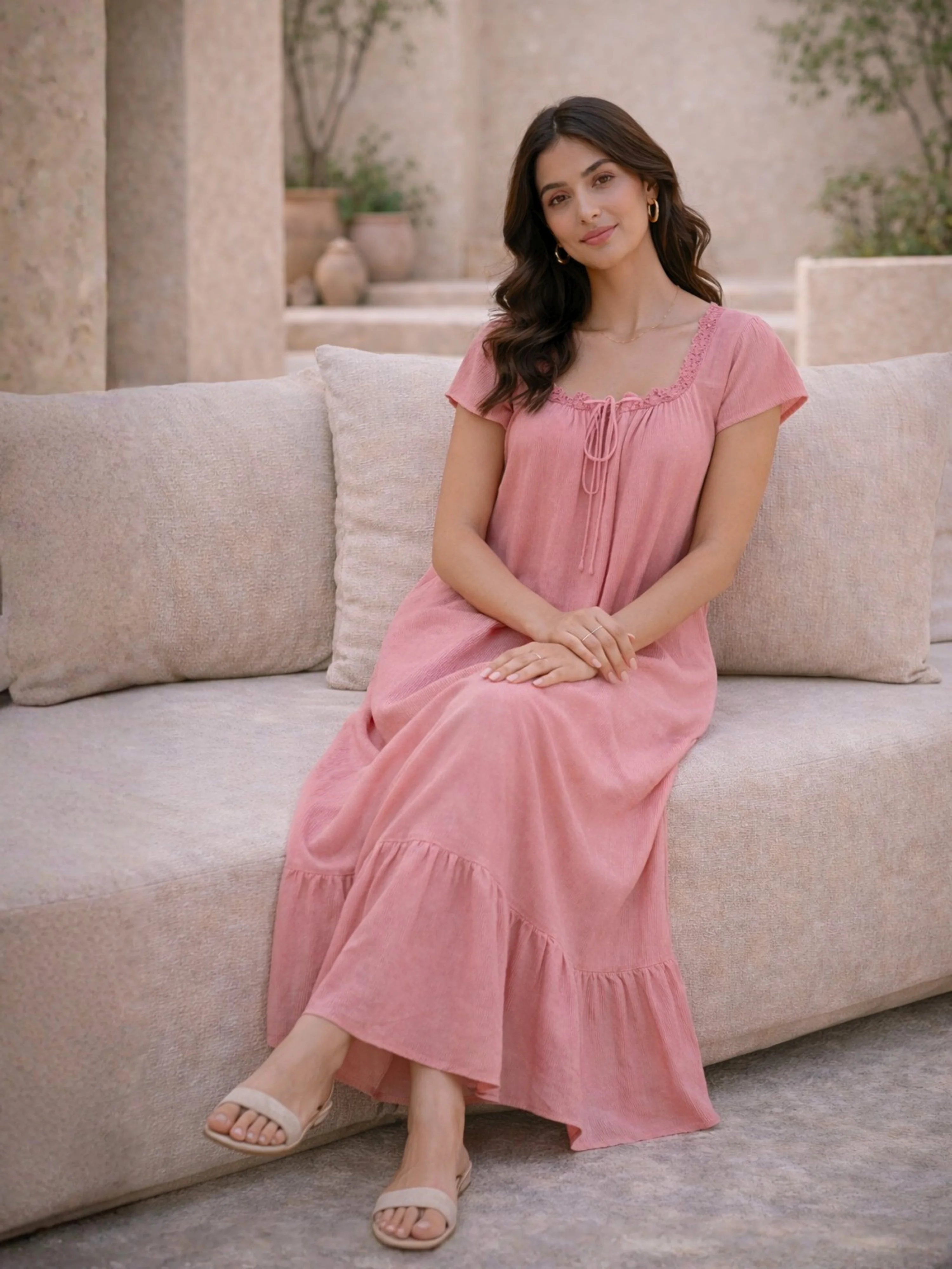 Candy Pink Flared Soft Crepe Night Maxi - Image 6