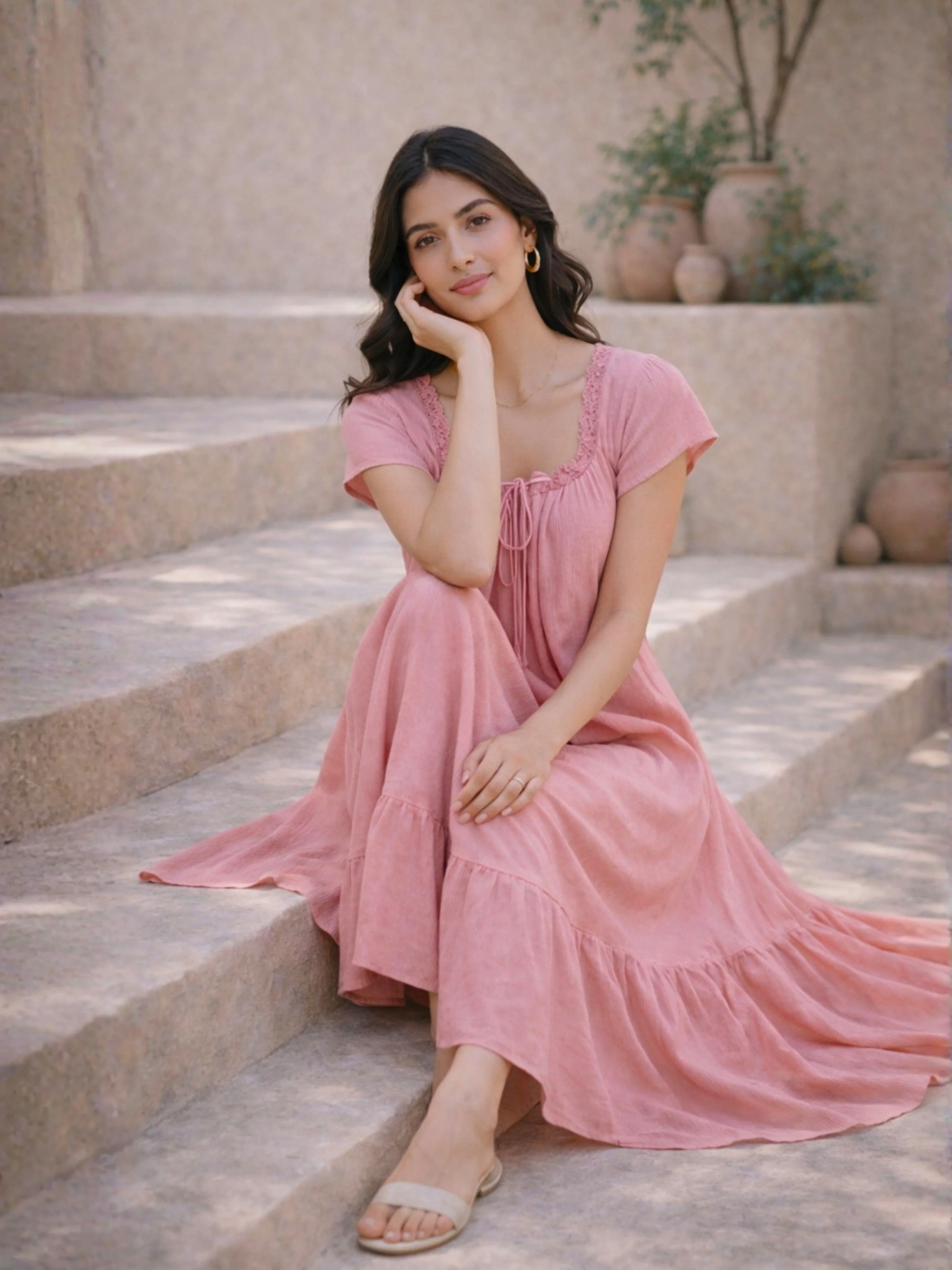 Candy Pink Flared Soft Crepe Night Maxi - Image 8