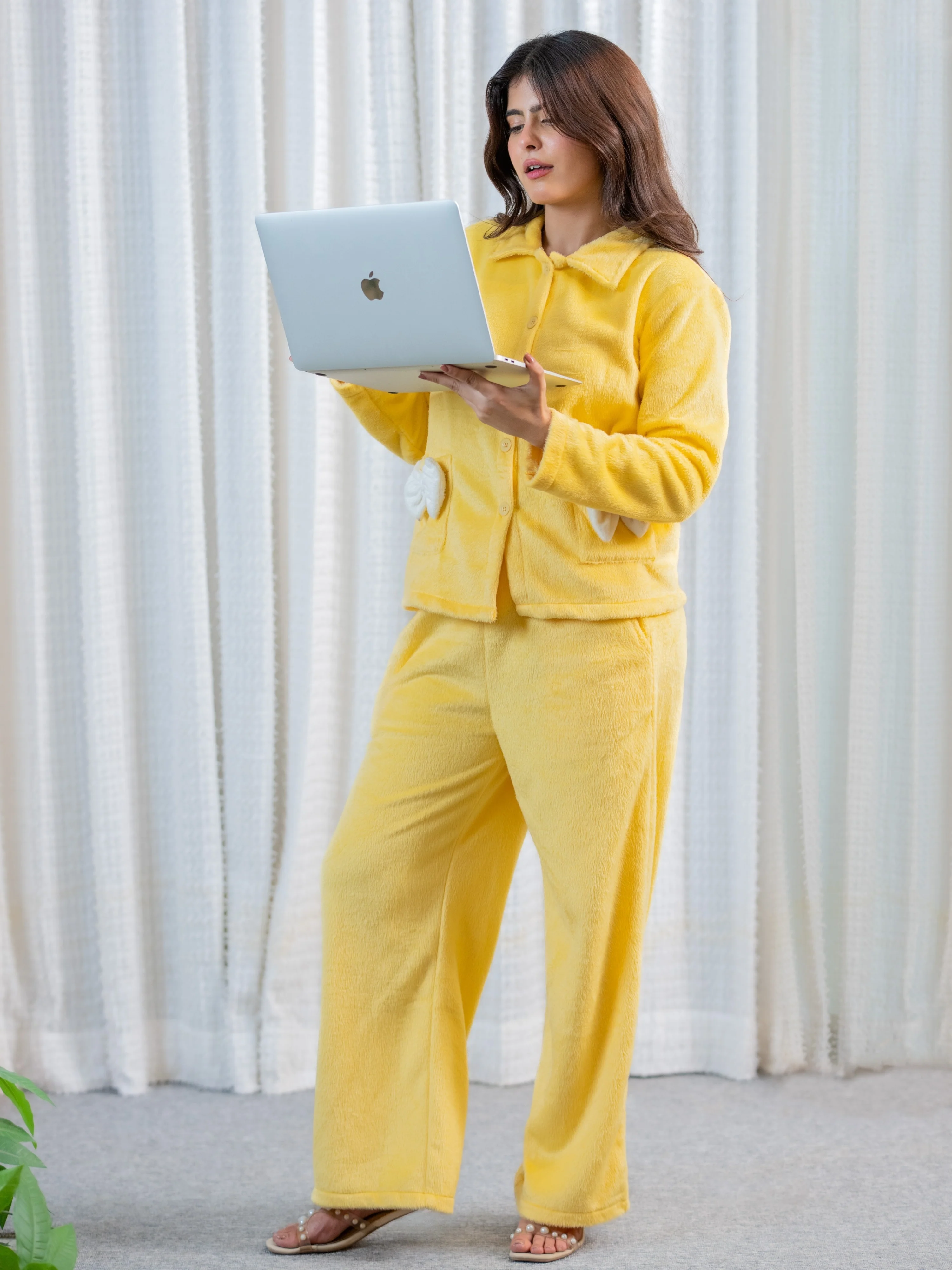 Pastel Yellow Super Soft Woollen Bow Pajama Set - Image 3
