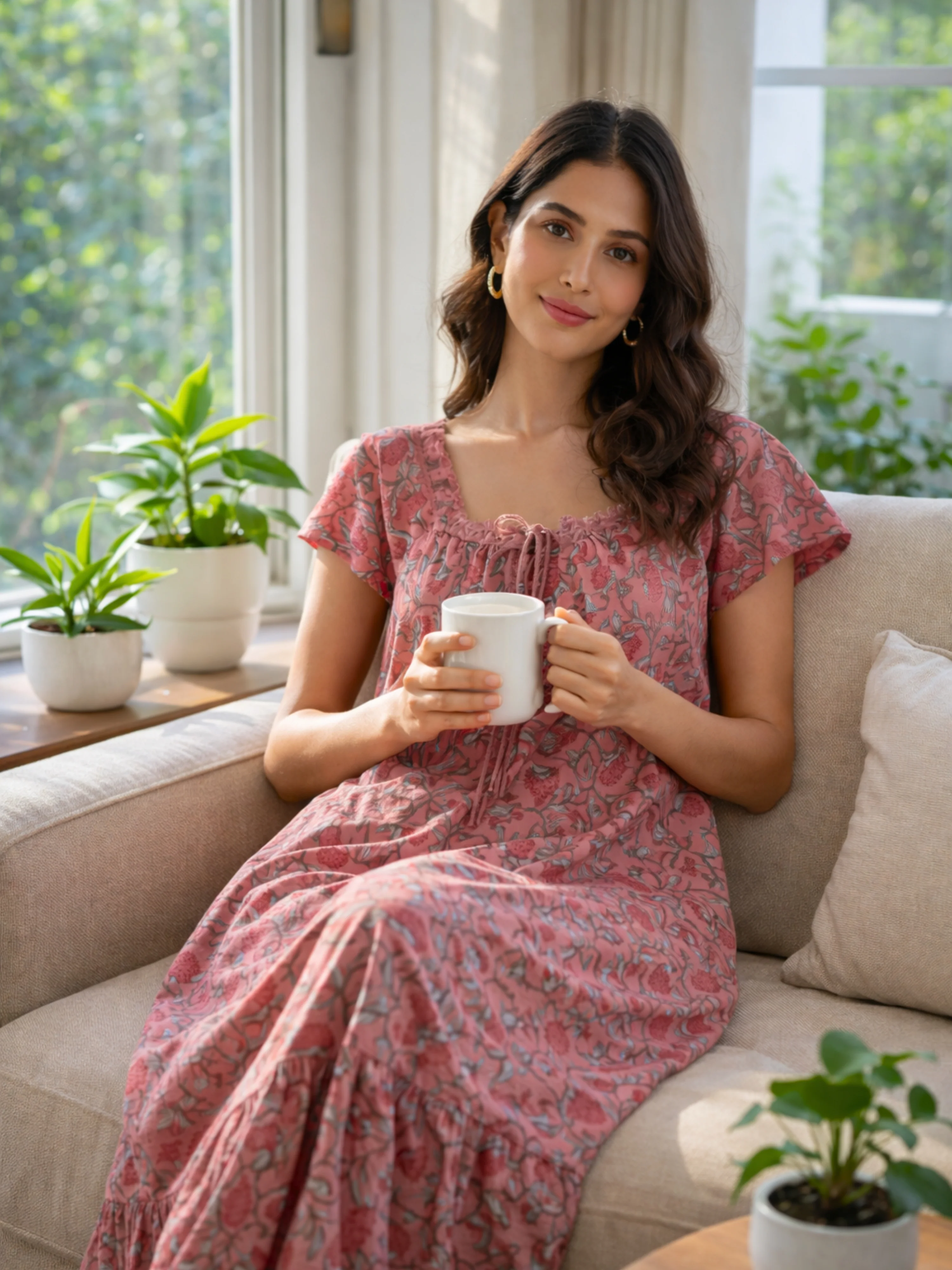 Peach Petal Pure Cotton Women's Night Maxi Dress - Image 4