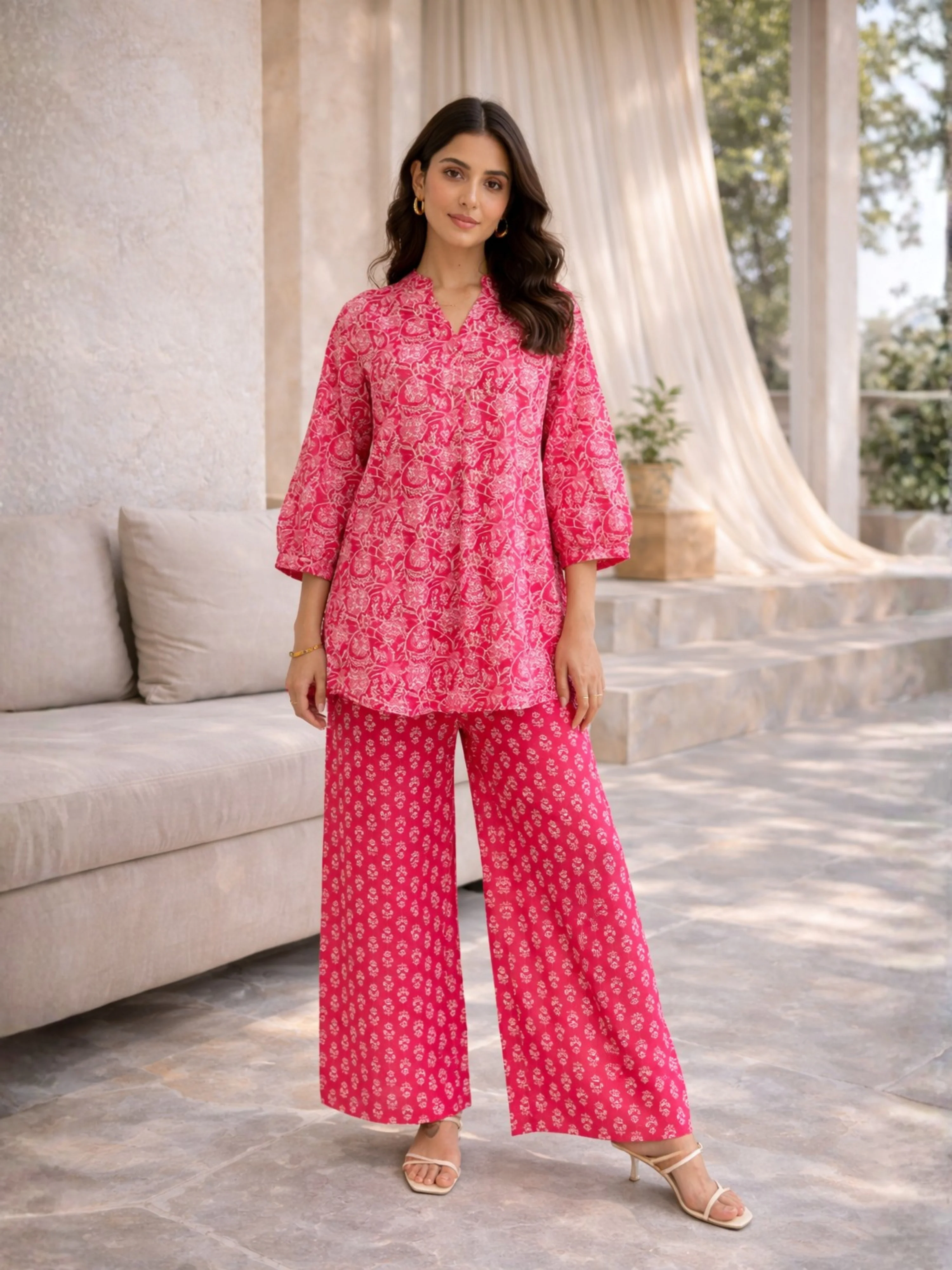 Pink Peony Chill Pure Cotton Back Pleated Co-ord set - Image 3