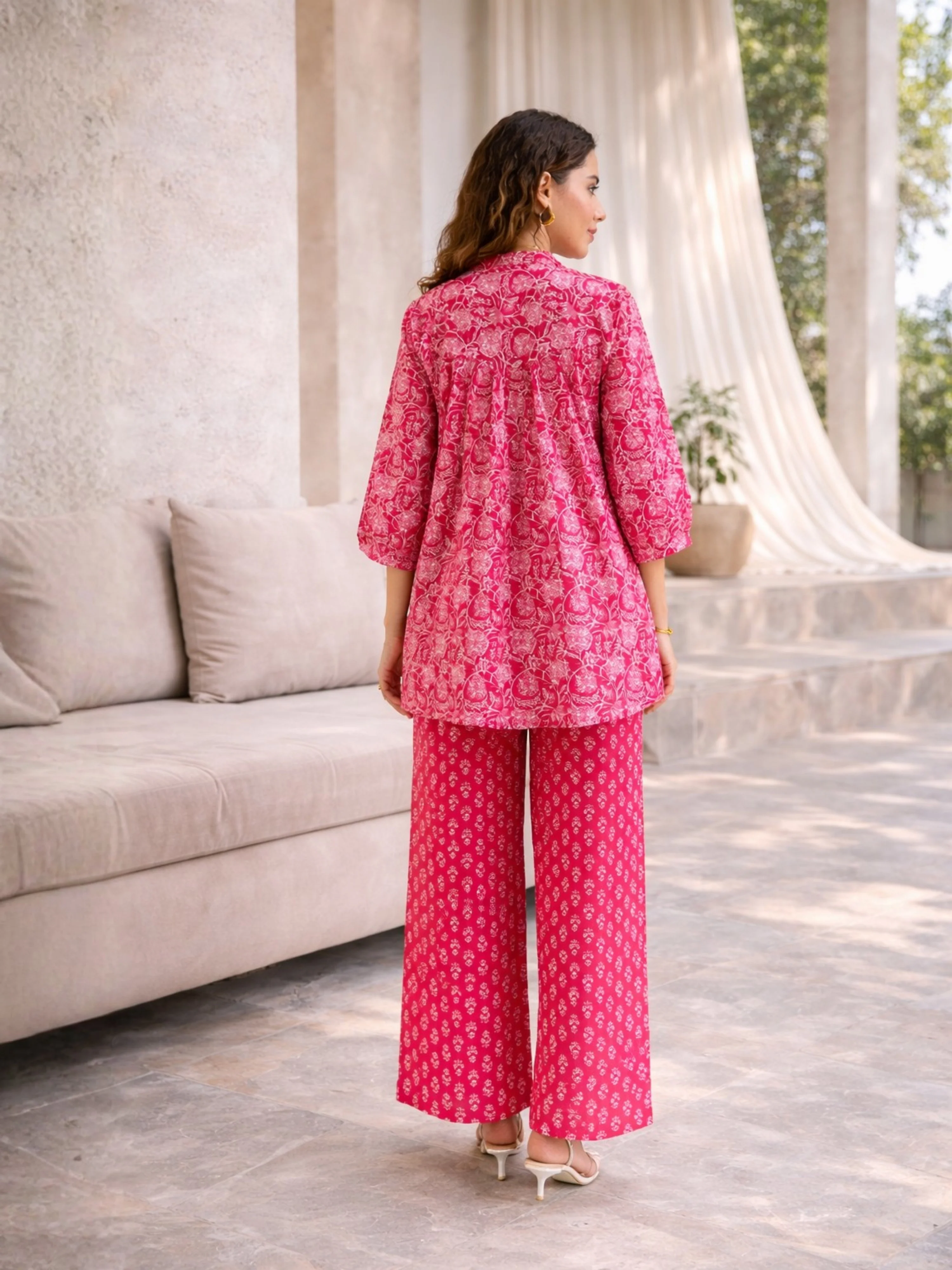 Pink Peony Chill Pure Cotton Back Pleated Co-ord set - Image 5