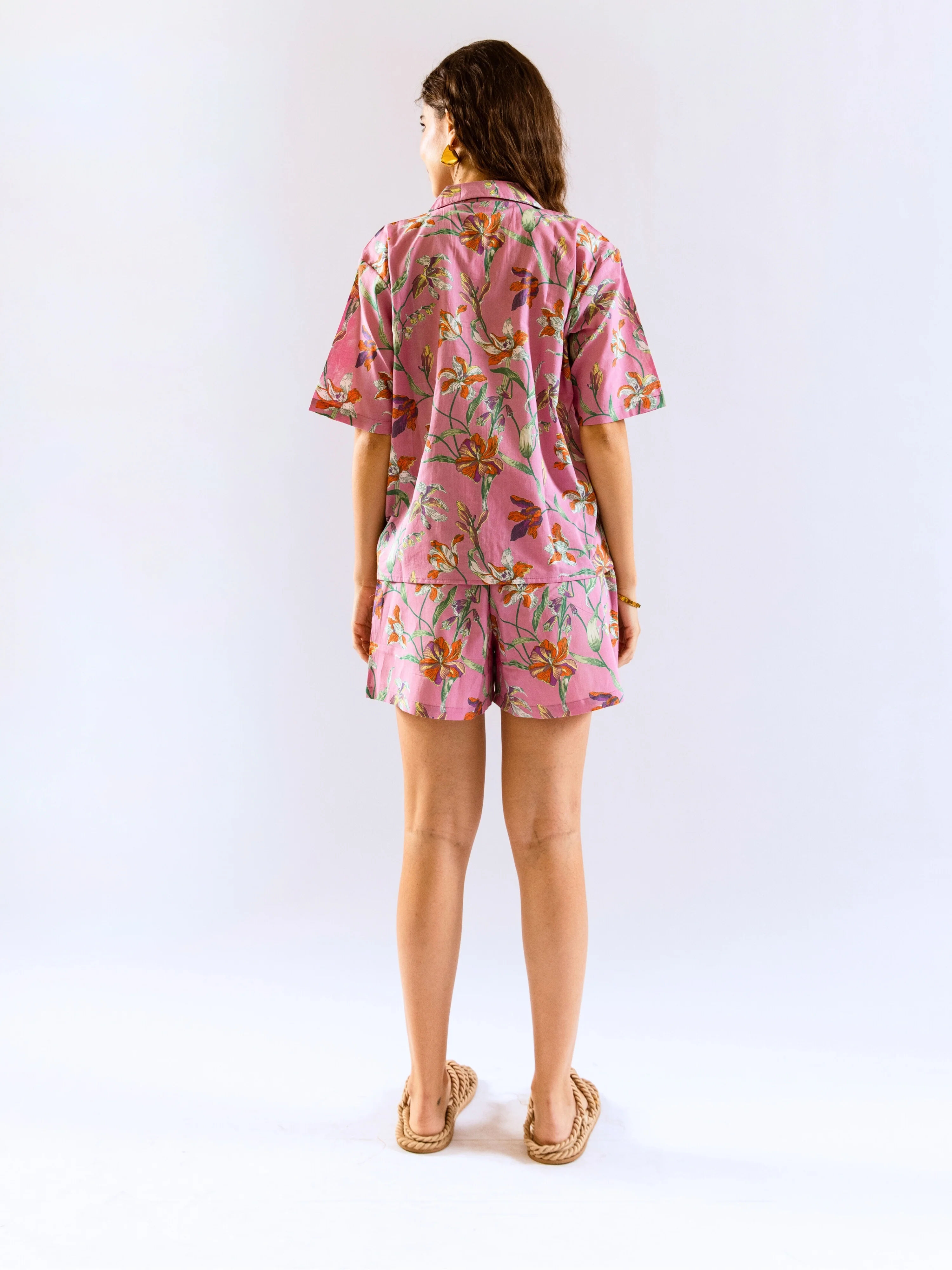 Pink Posy print Pure Cotton Collar Co-ord shorts set - Image 4