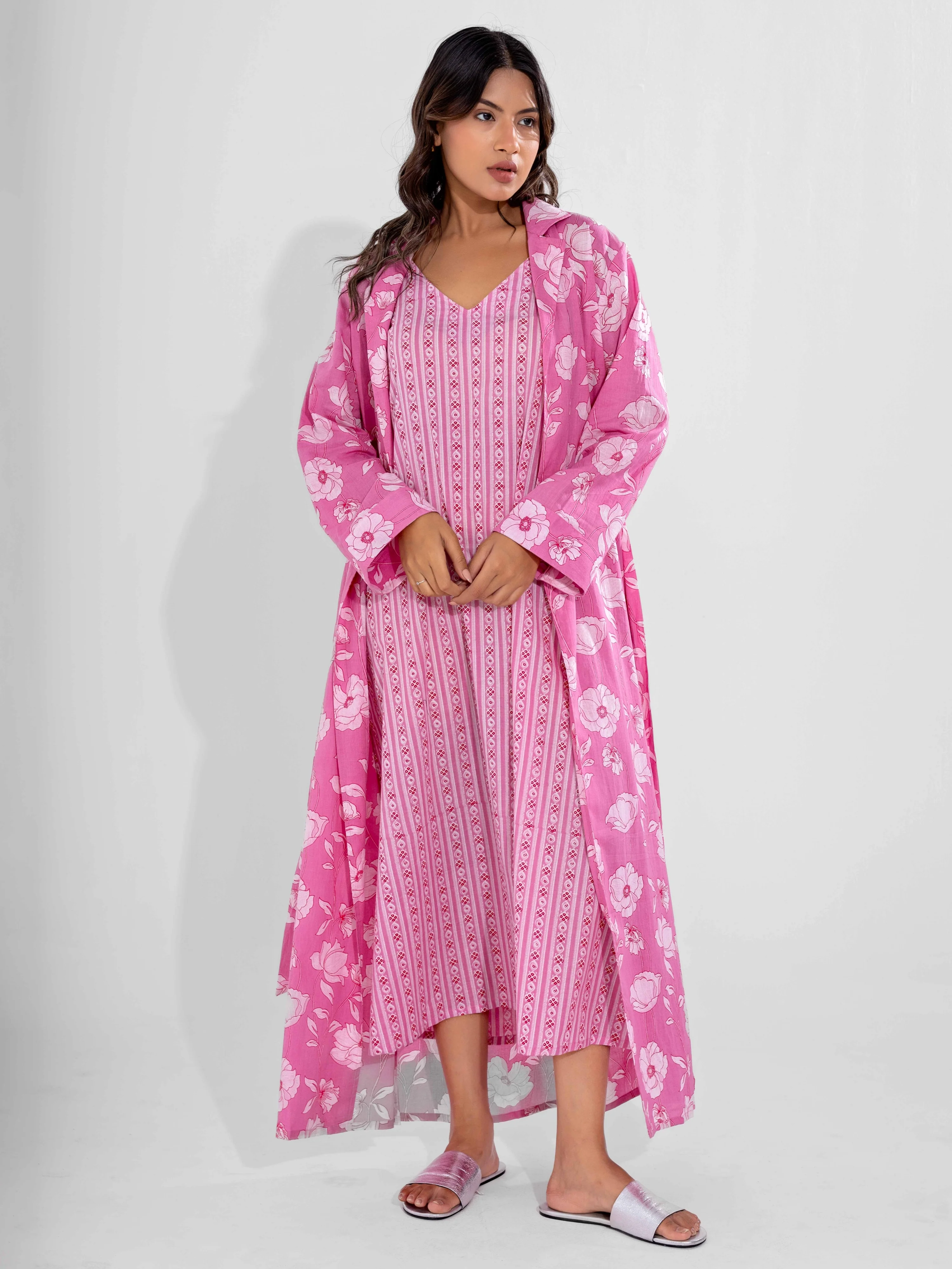 Pink Soft Pure Cotton V-Neck Midi & Shrug - Image 11