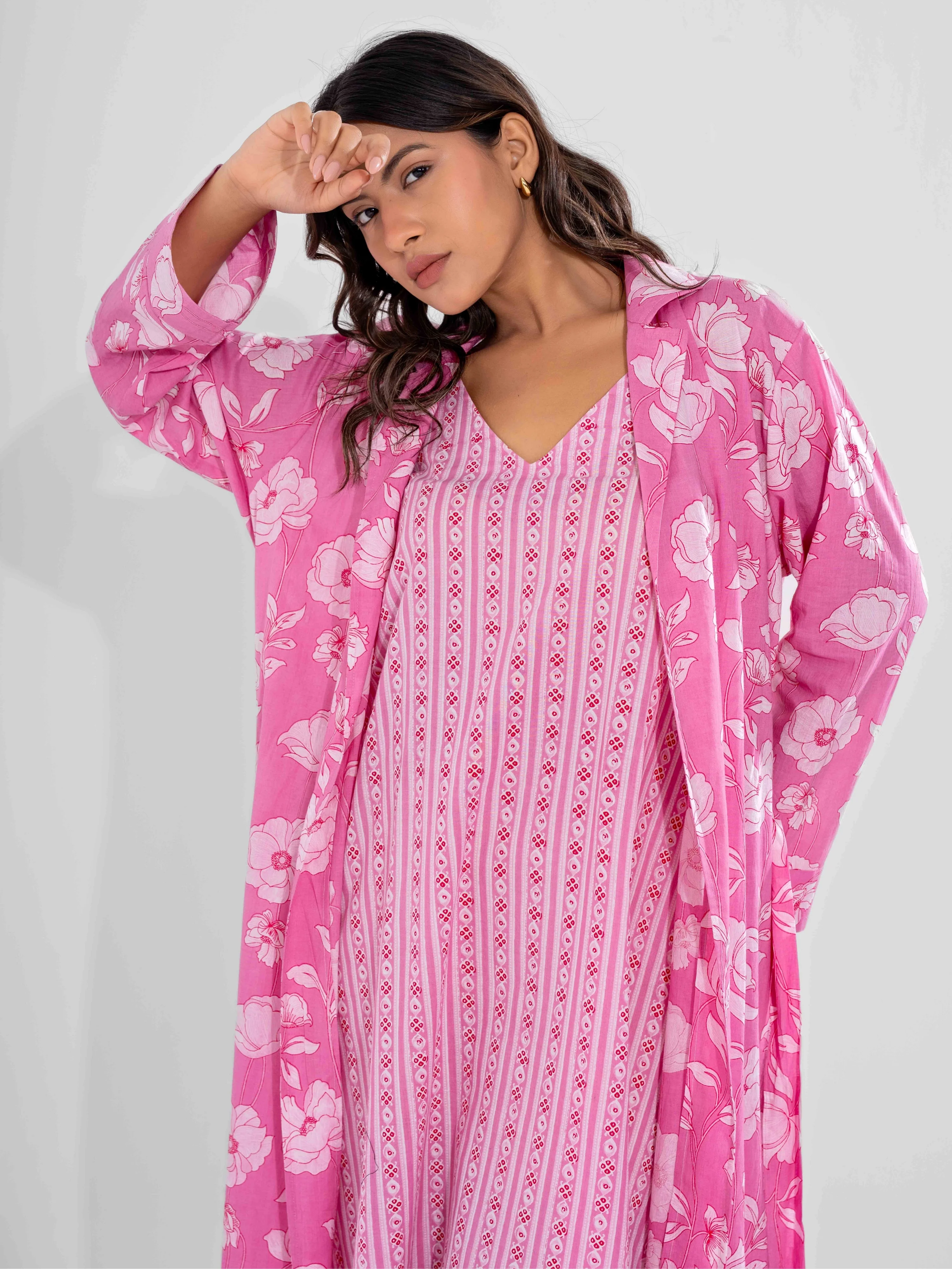 Pink Soft Pure Cotton V-Neck Midi & Shrug - Image 13