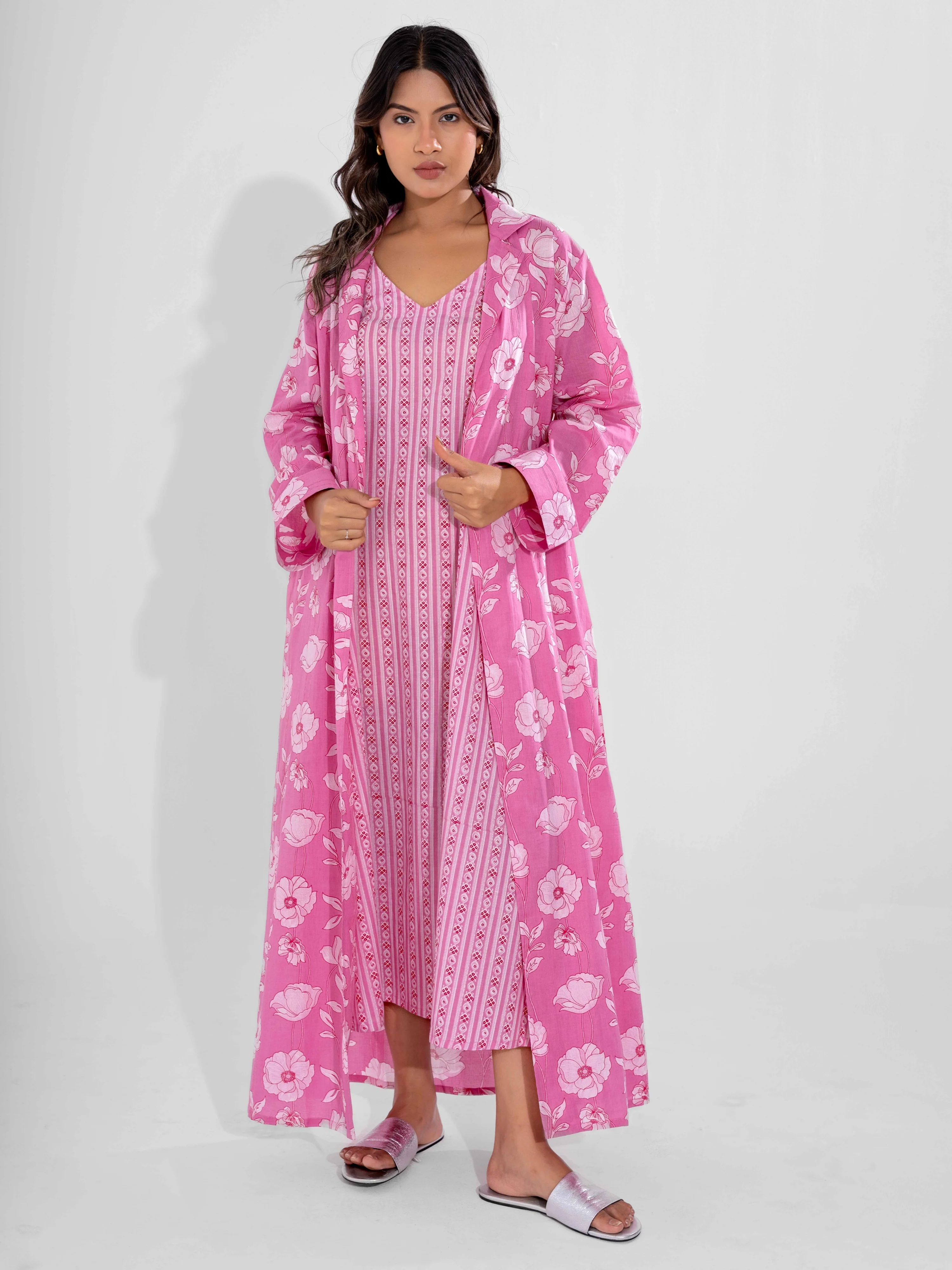 Pink Soft Pure Cotton V-Neck Midi & Shrug - Image 15