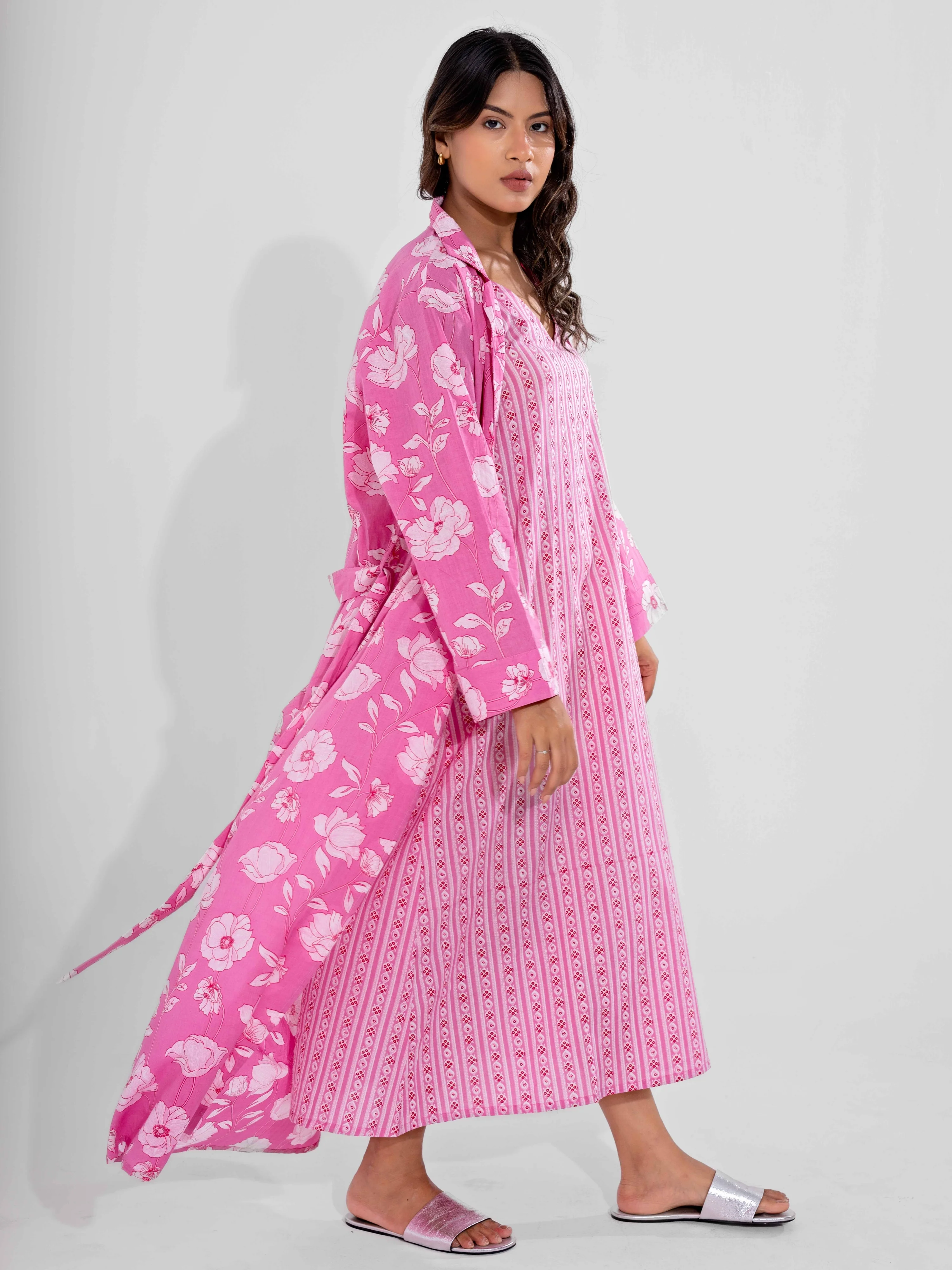 Pink Soft Pure Cotton V-Neck Midi & Shrug - Image 4