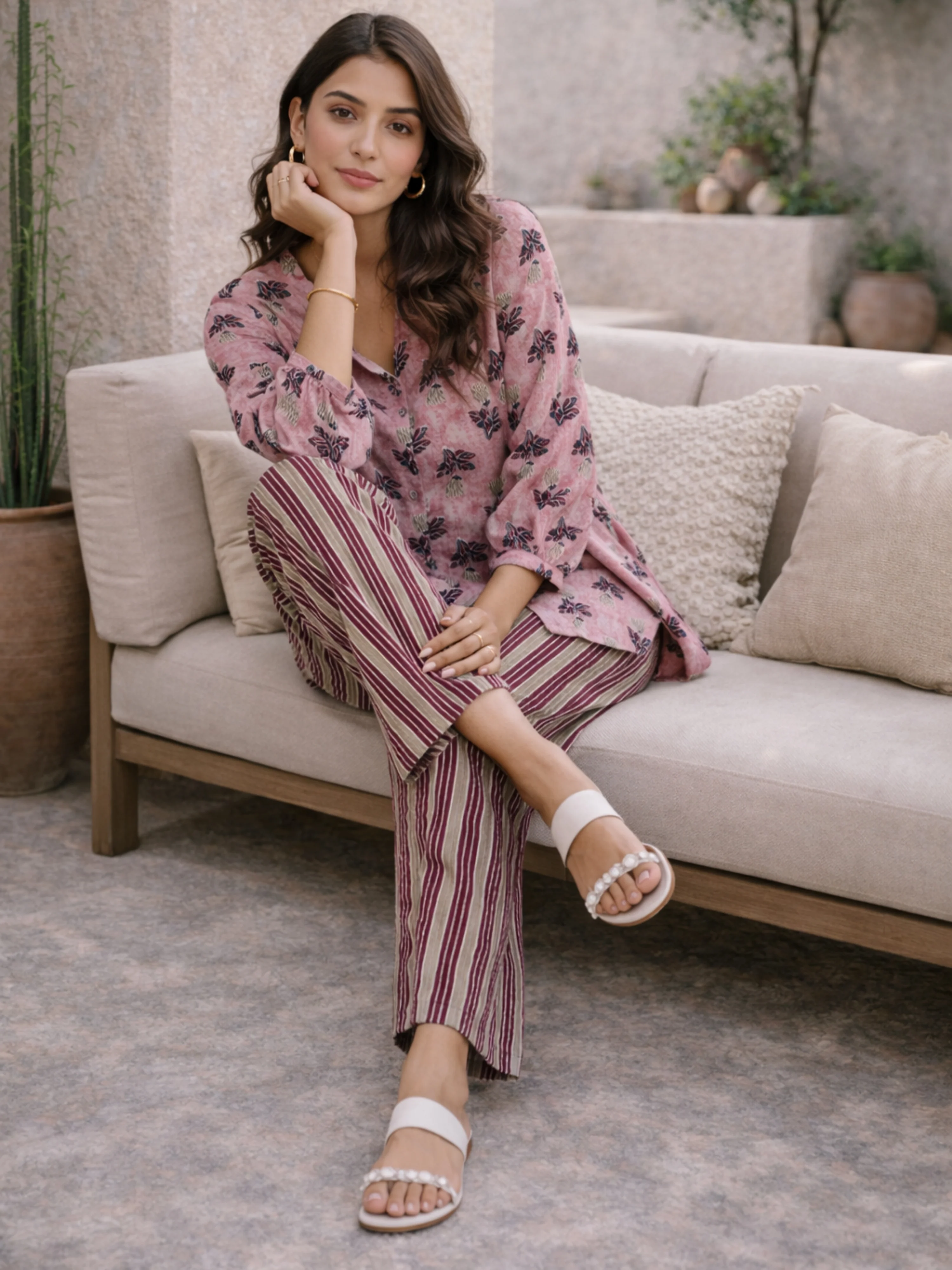 Pink Texture Pure Cotton Back Pleated Co-ord Set - Image 2