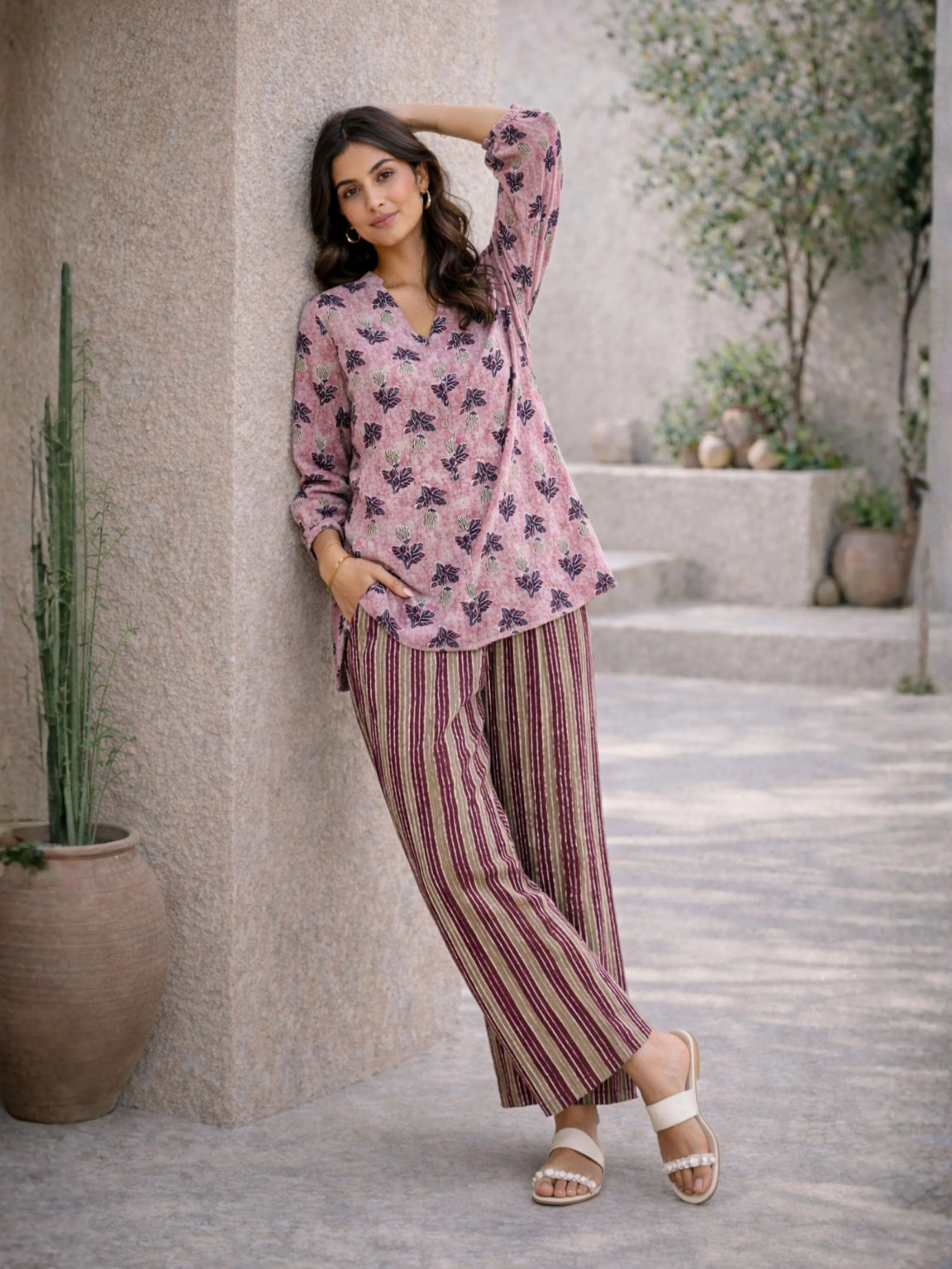 Pink Texture Pure Cotton Back Pleated Co-ord Set - Image 4