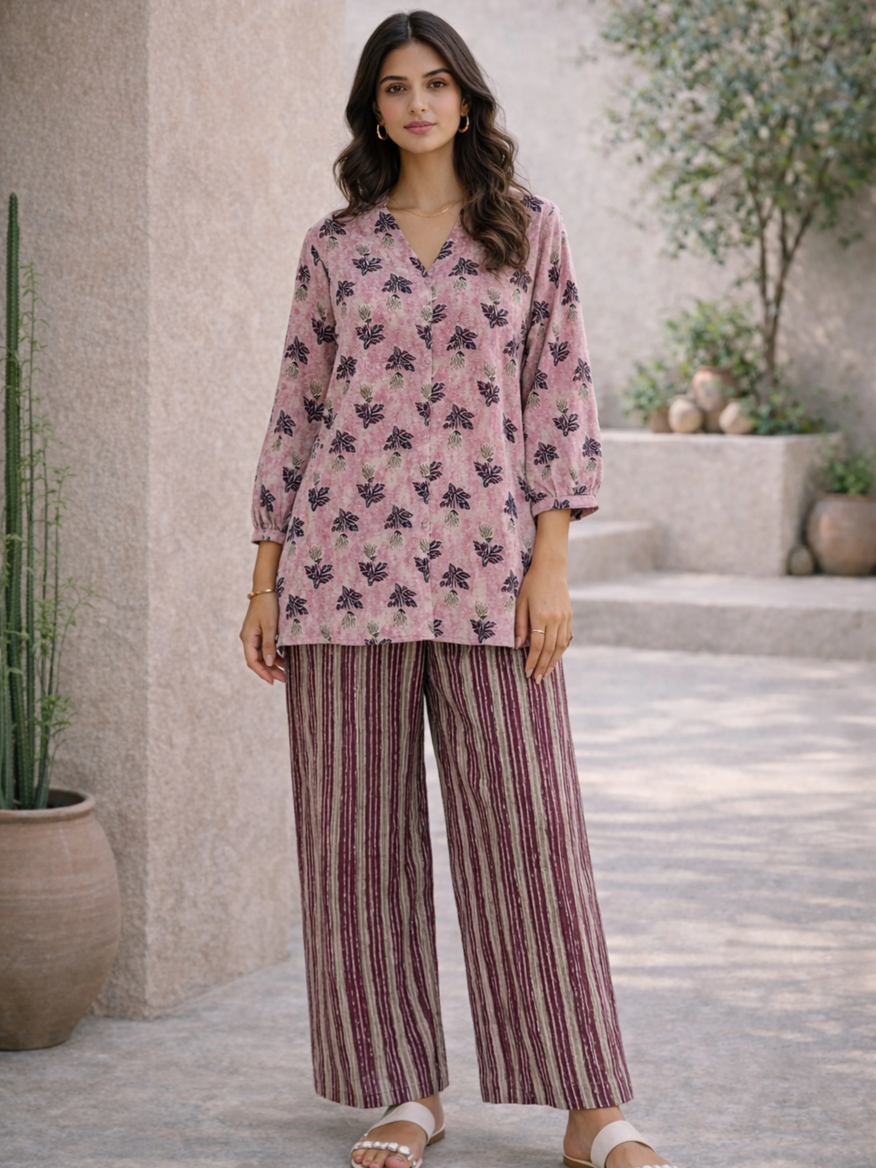 Pink Texture Pure Cotton Back Pleated Co-ord Set - Image 6