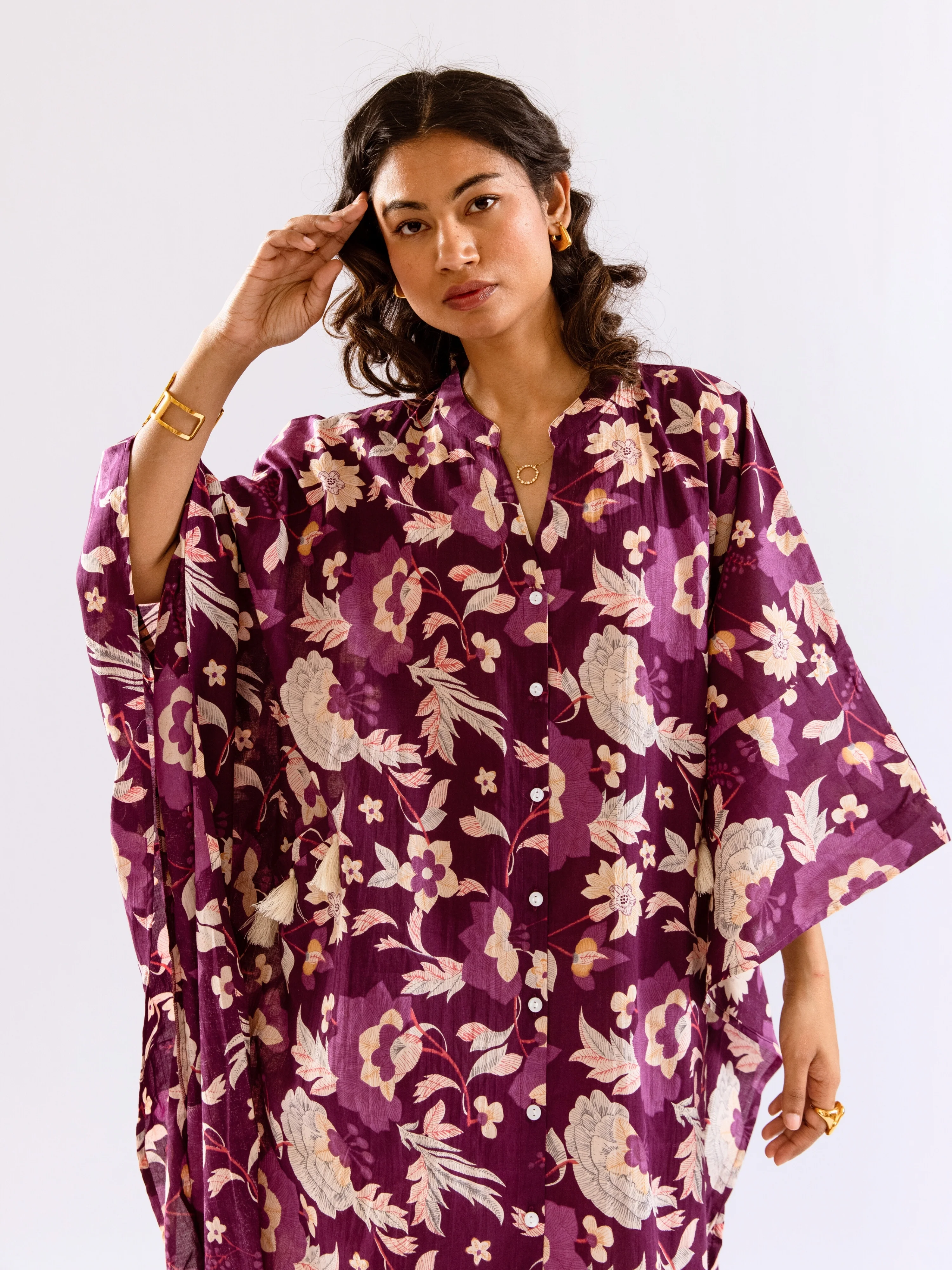 Purple Boho Sage Pure Cotton V neck Kaftan Dress - Image 10