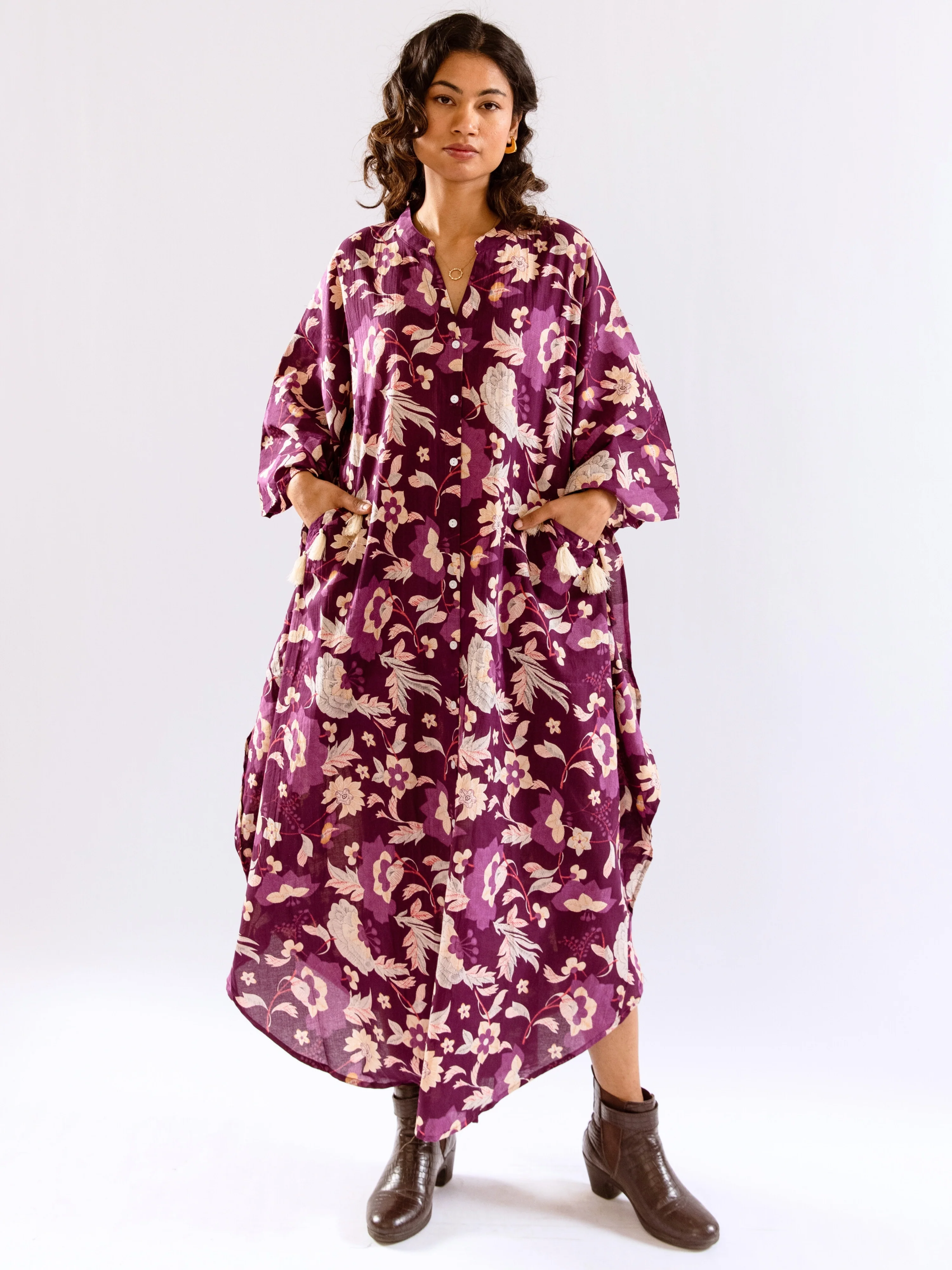 Purple Boho Sage Pure Cotton V neck Kaftan Dress - Image 3