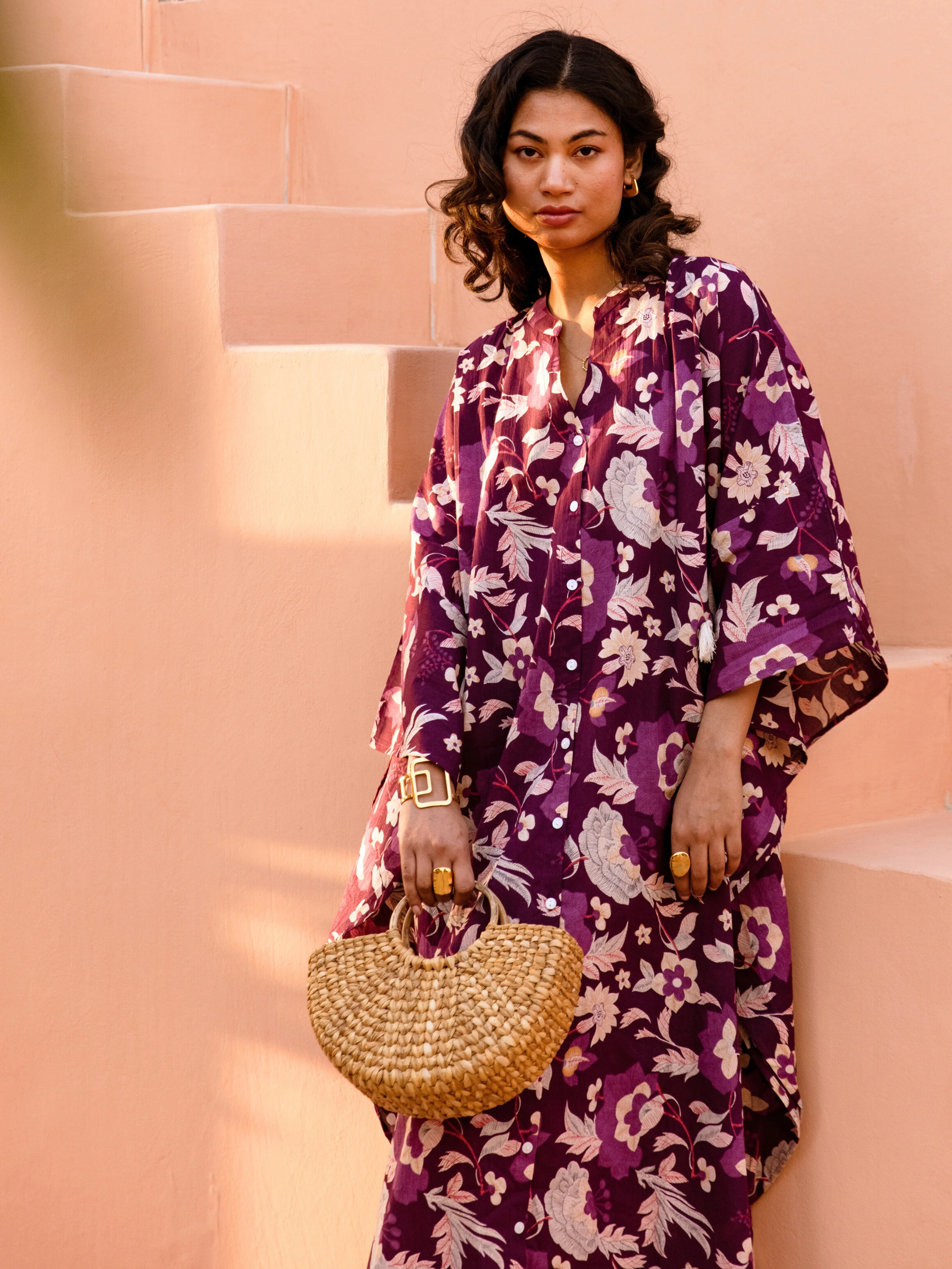 Purple Boho Sage Pure Cotton V neck Kaftan Dress - Image 6