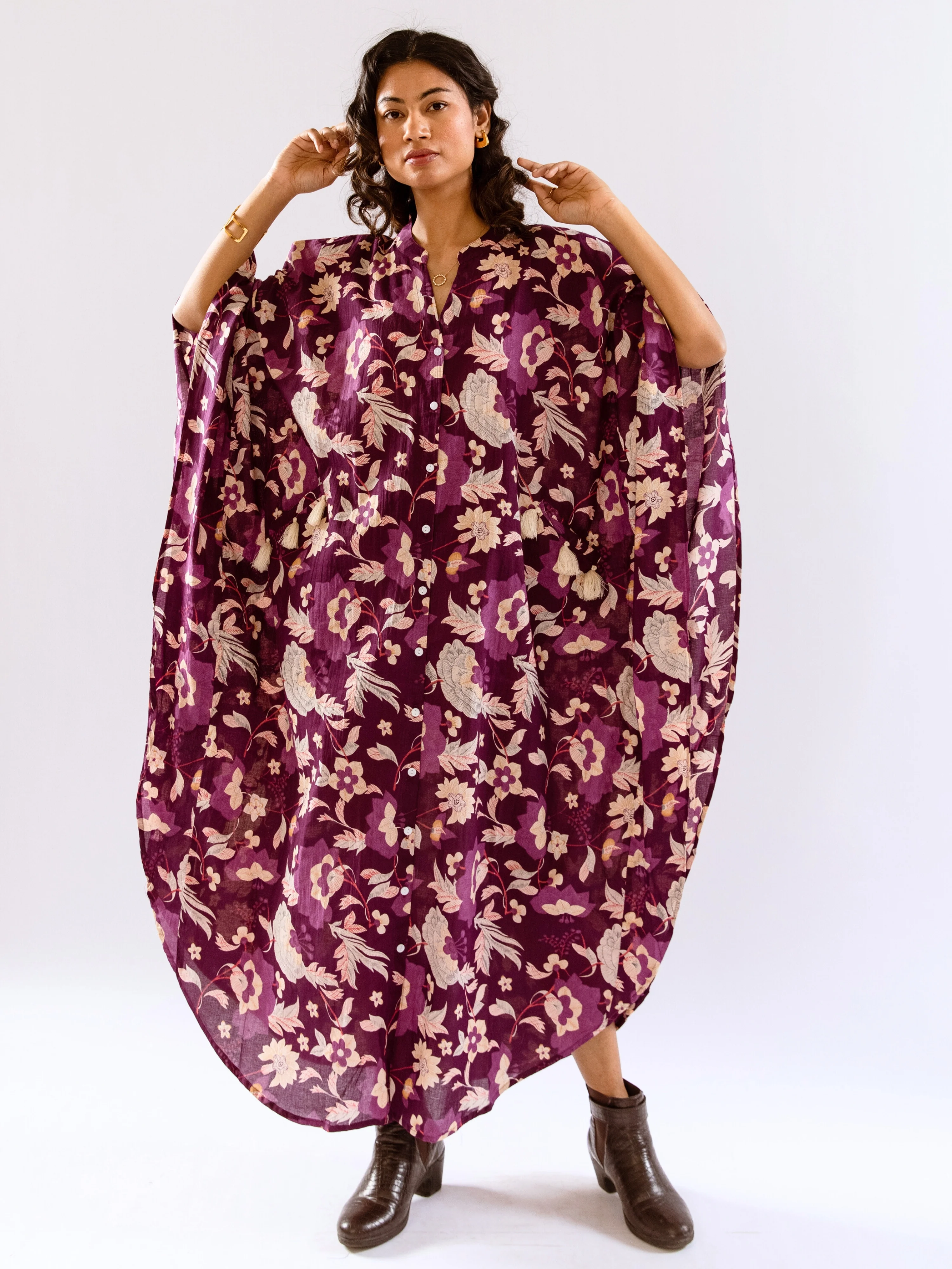 Purple Boho Sage Pure Cotton V neck Kaftan Dress - Image 7