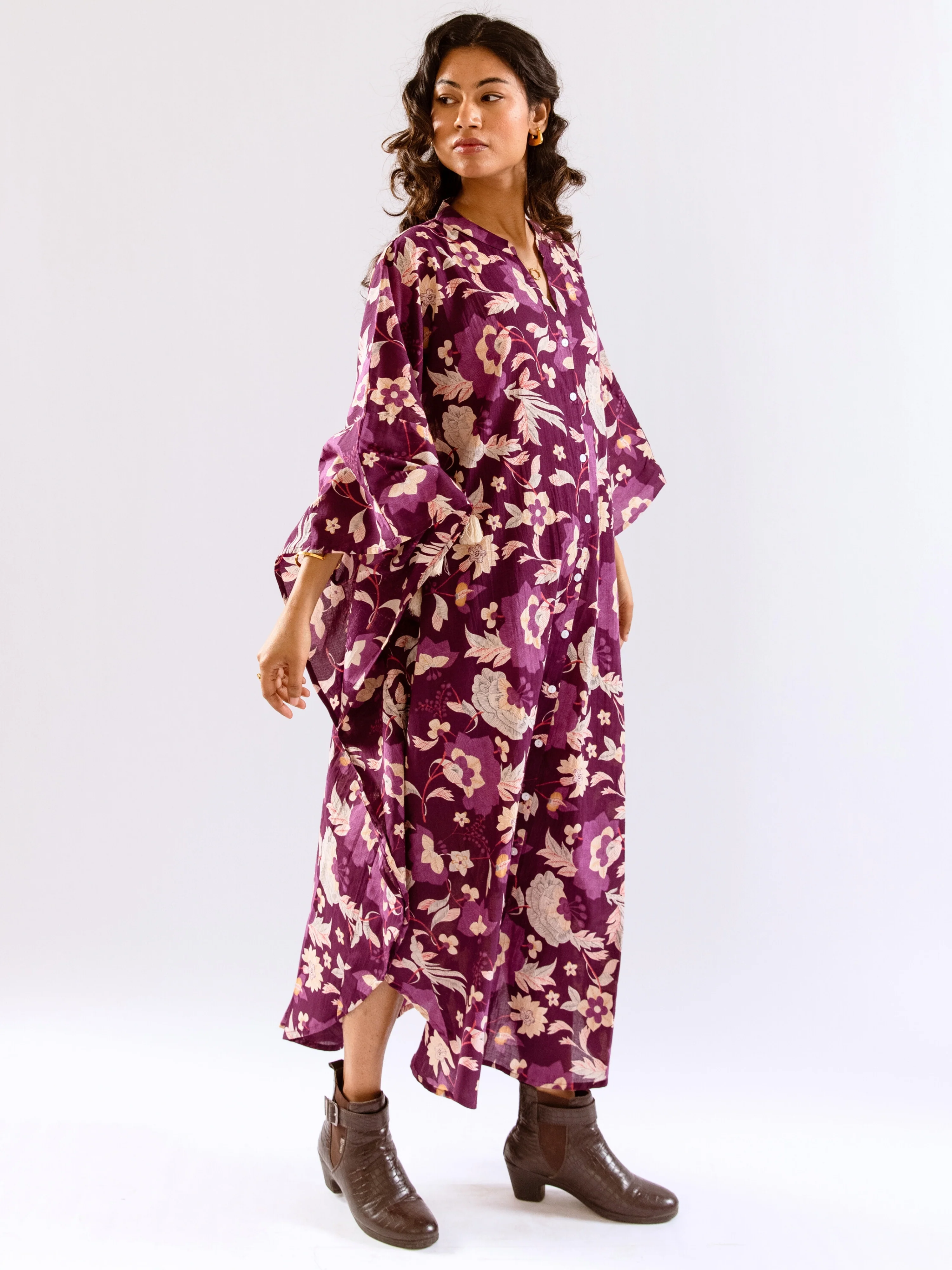 Purple Boho Sage Pure Cotton V neck Kaftan Dress - Image 8