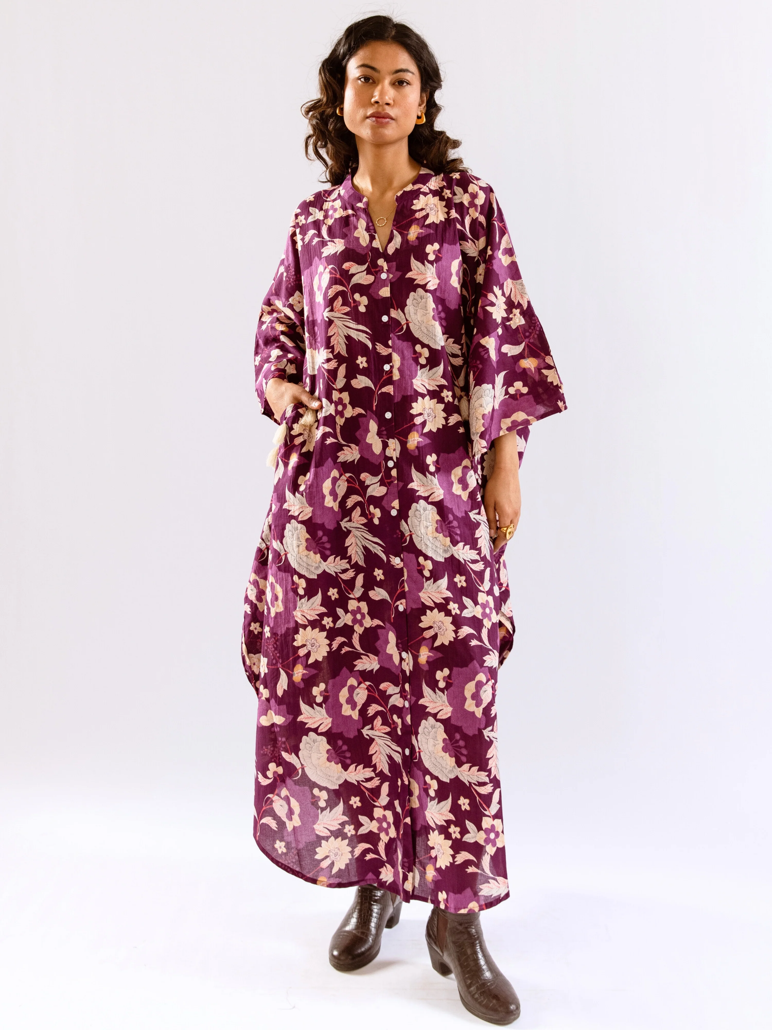 Purple Boho Sage Pure Cotton V neck Kaftan Dress - Image 9