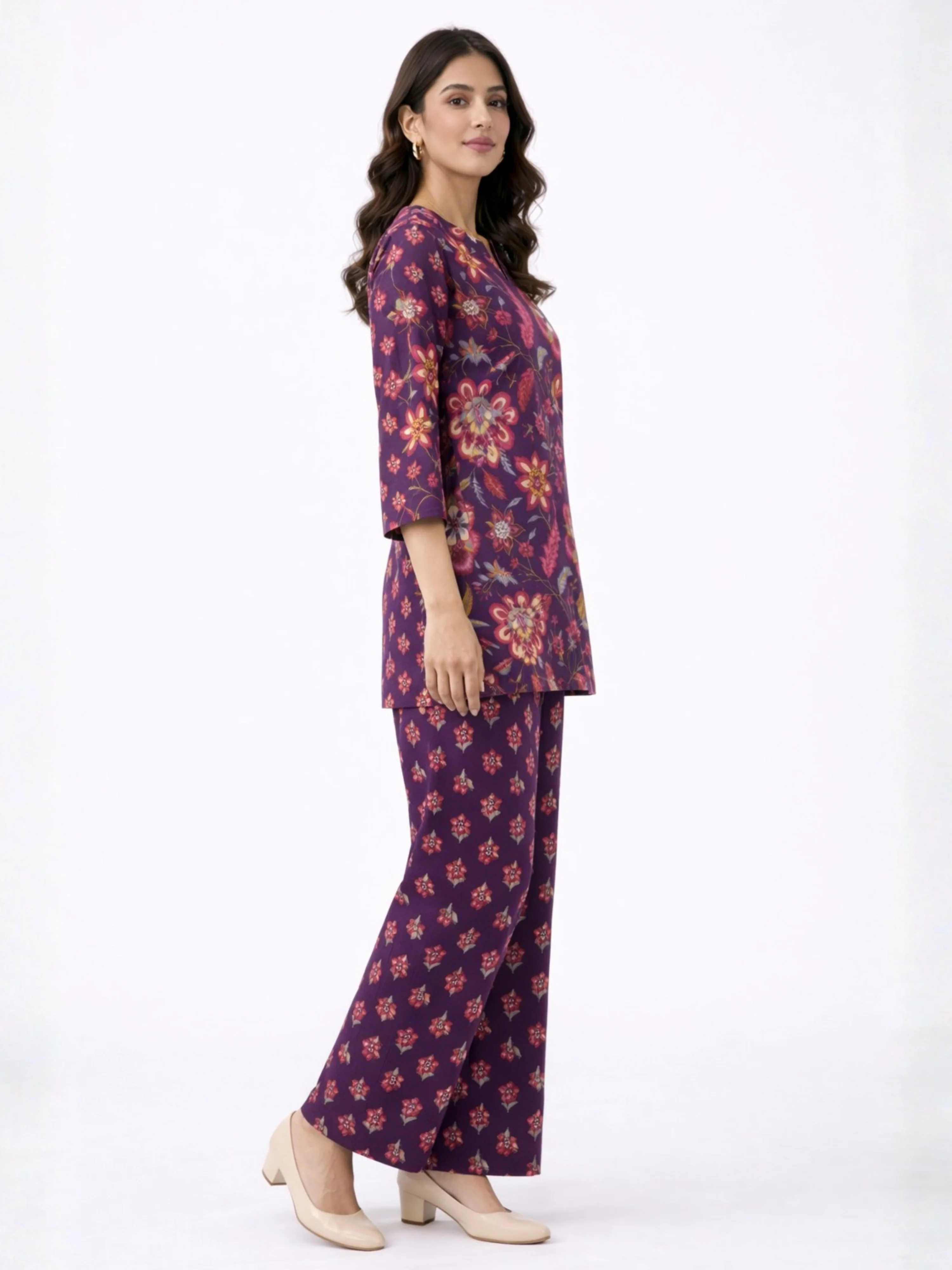 Purple Peony Pure Cotton round neck Women's Co-ord Set for Summer - Image 10