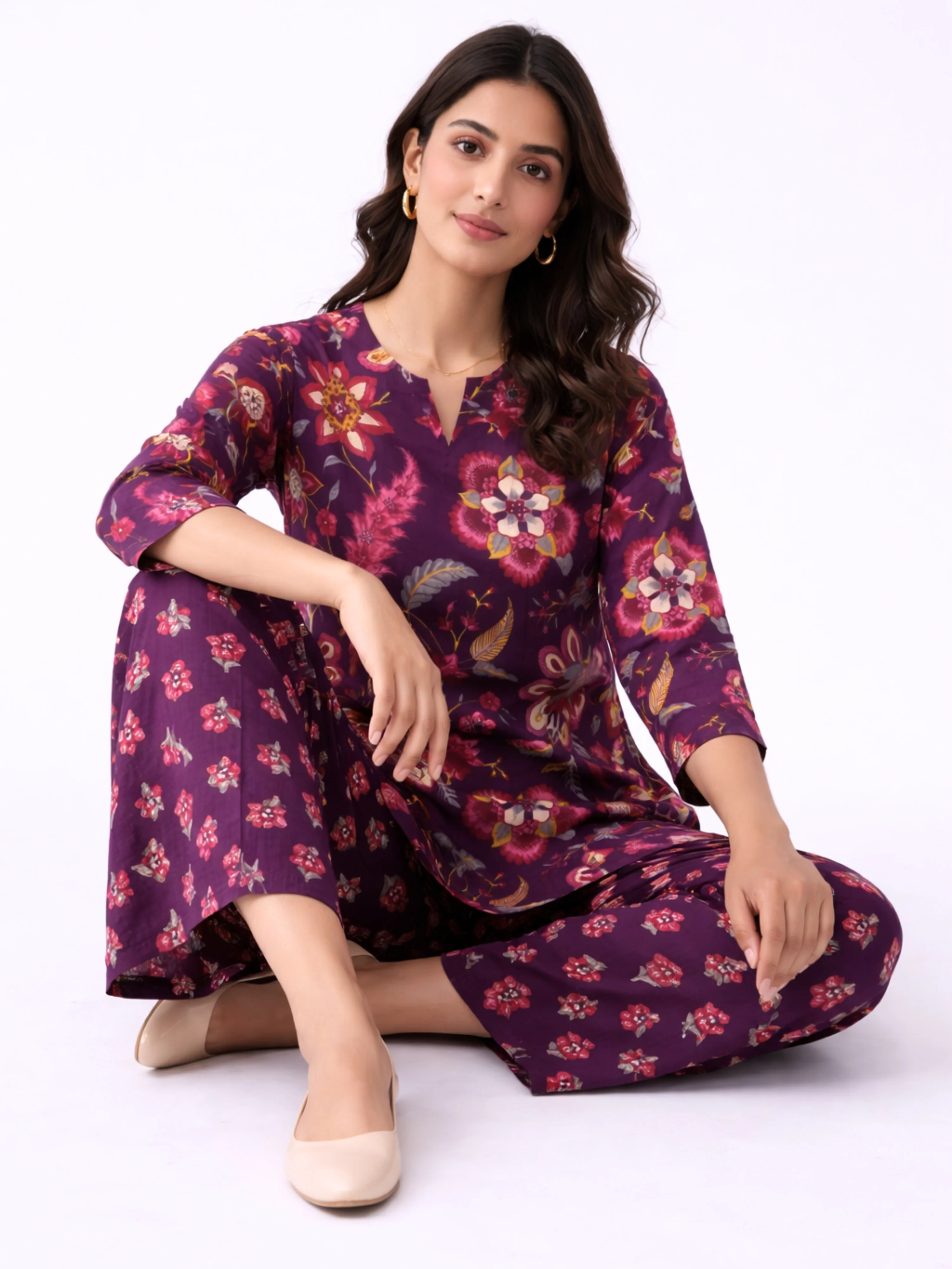 Purple Peony Pure Cotton round neck Women's Co-ord Set for Summer - Image 4