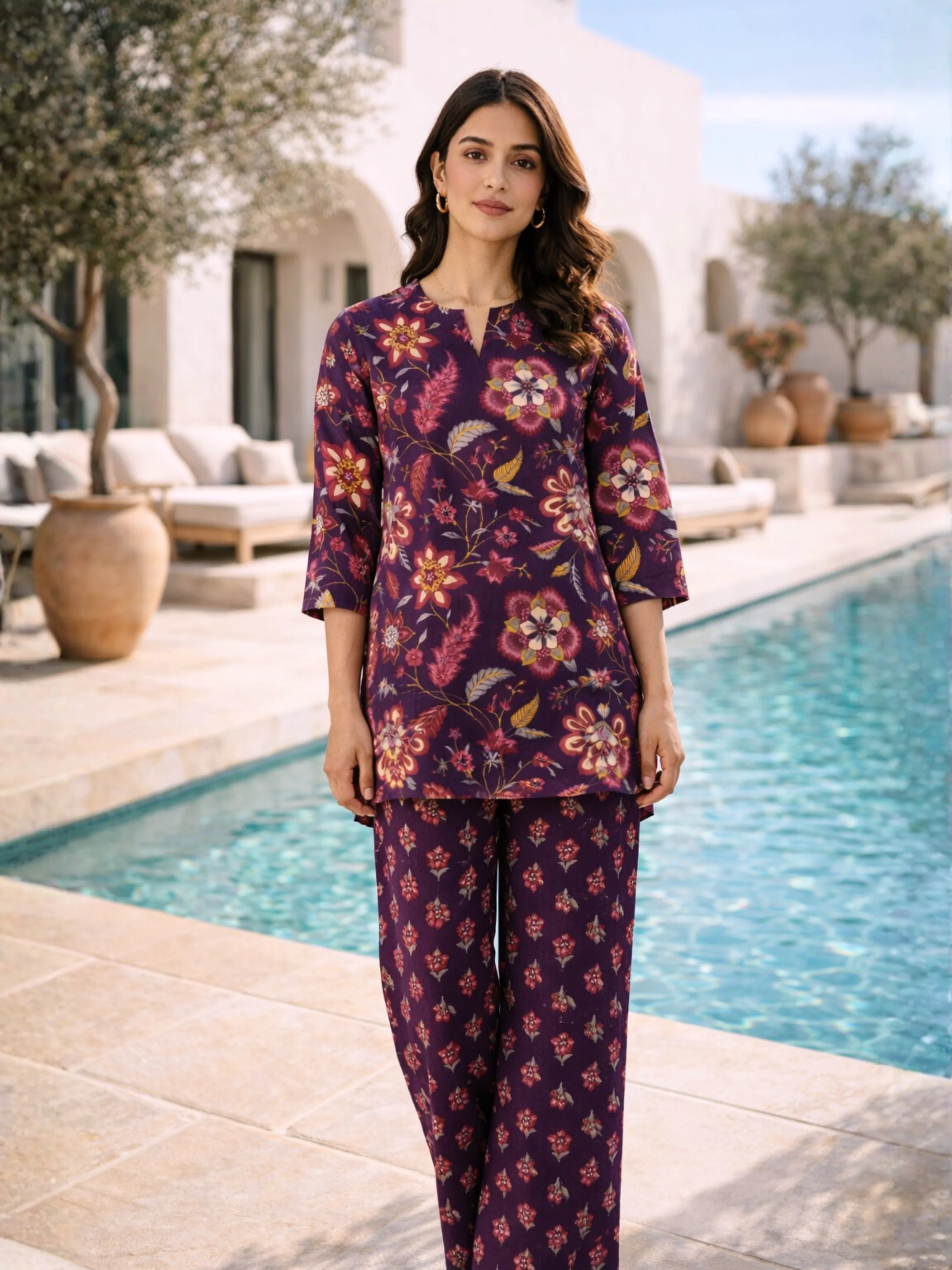 Purple Peony Pure Cotton round neck Women's Co-ord Set for Summer - Image 7