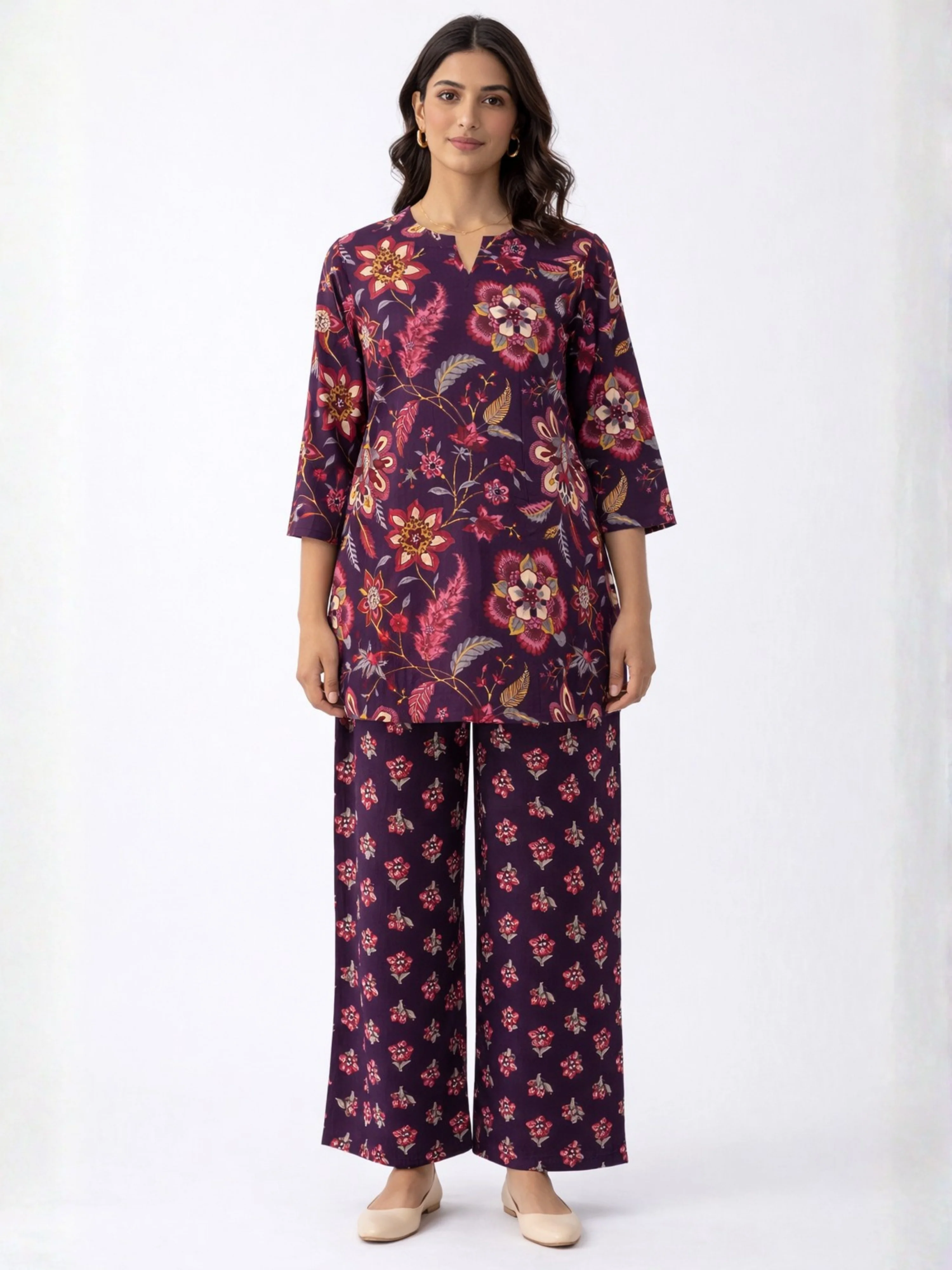 Purple Peony Pure Cotton round neck Women's Co-ord Set for Summer - Image 8
