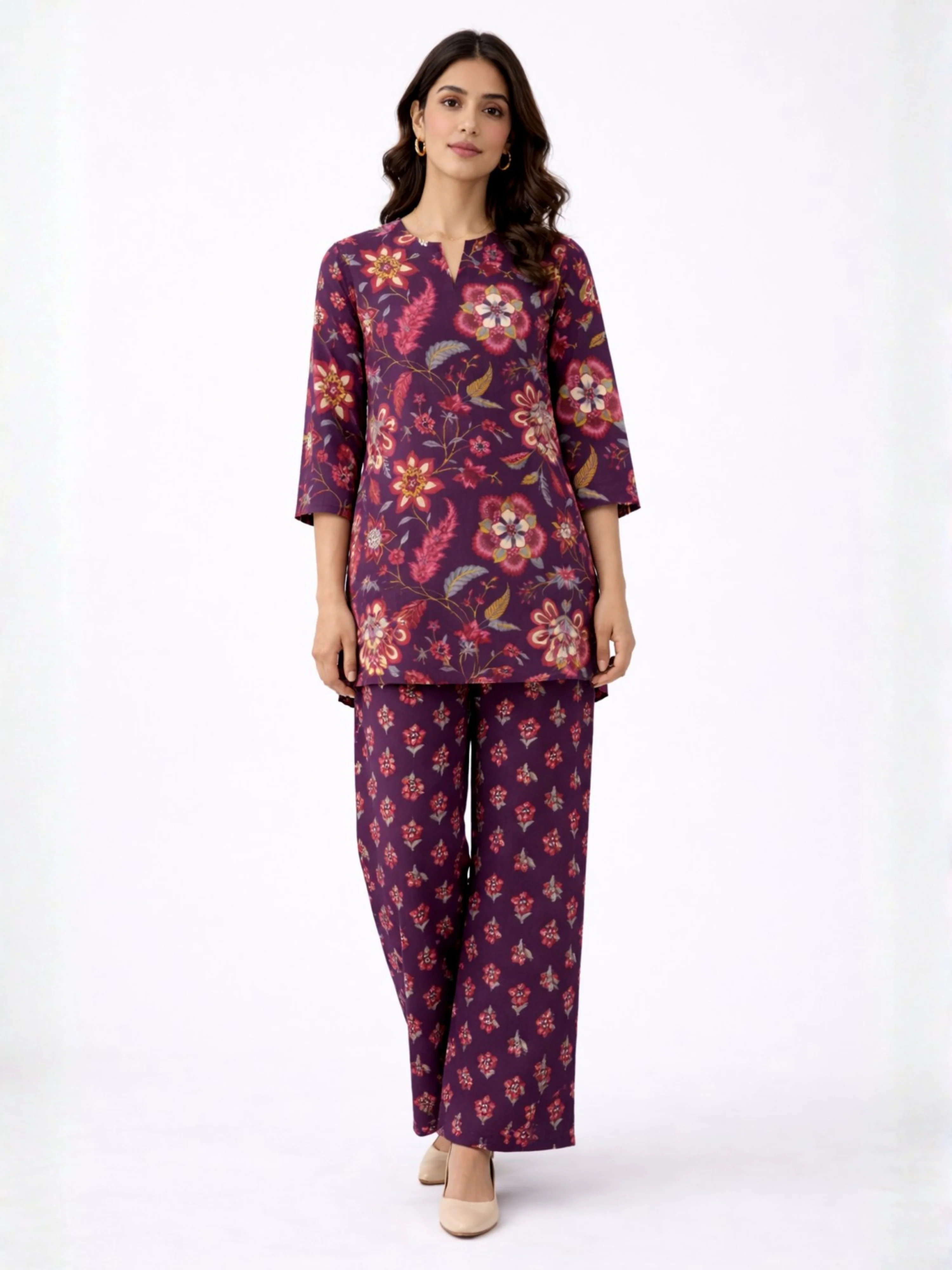 Purple Peony Pure Cotton round neck Women's Co-ord Set for Summer - Image 9