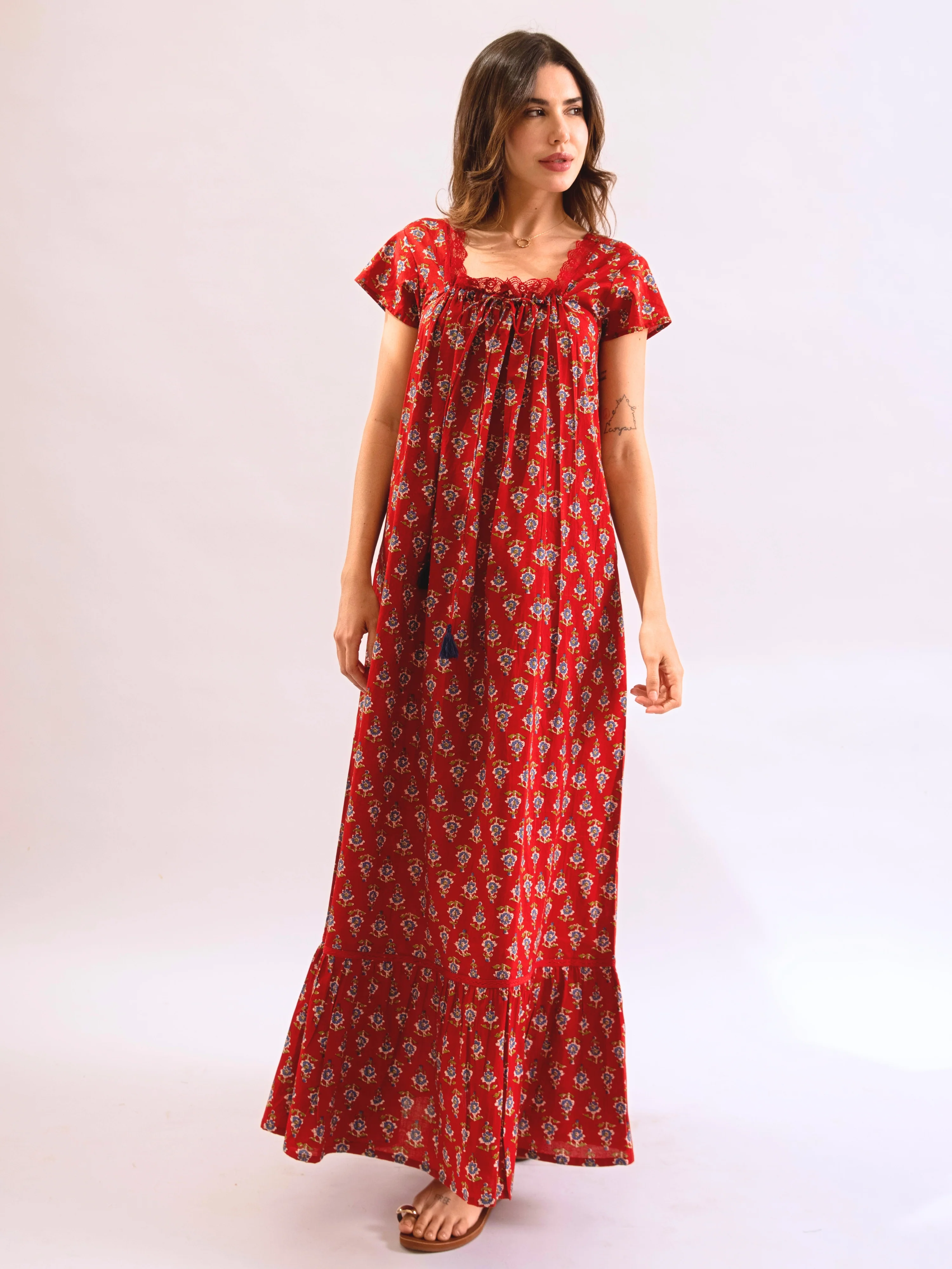Red Petal Play Tie-Up Pure Cotton Square neck Night Maxi - Image 10