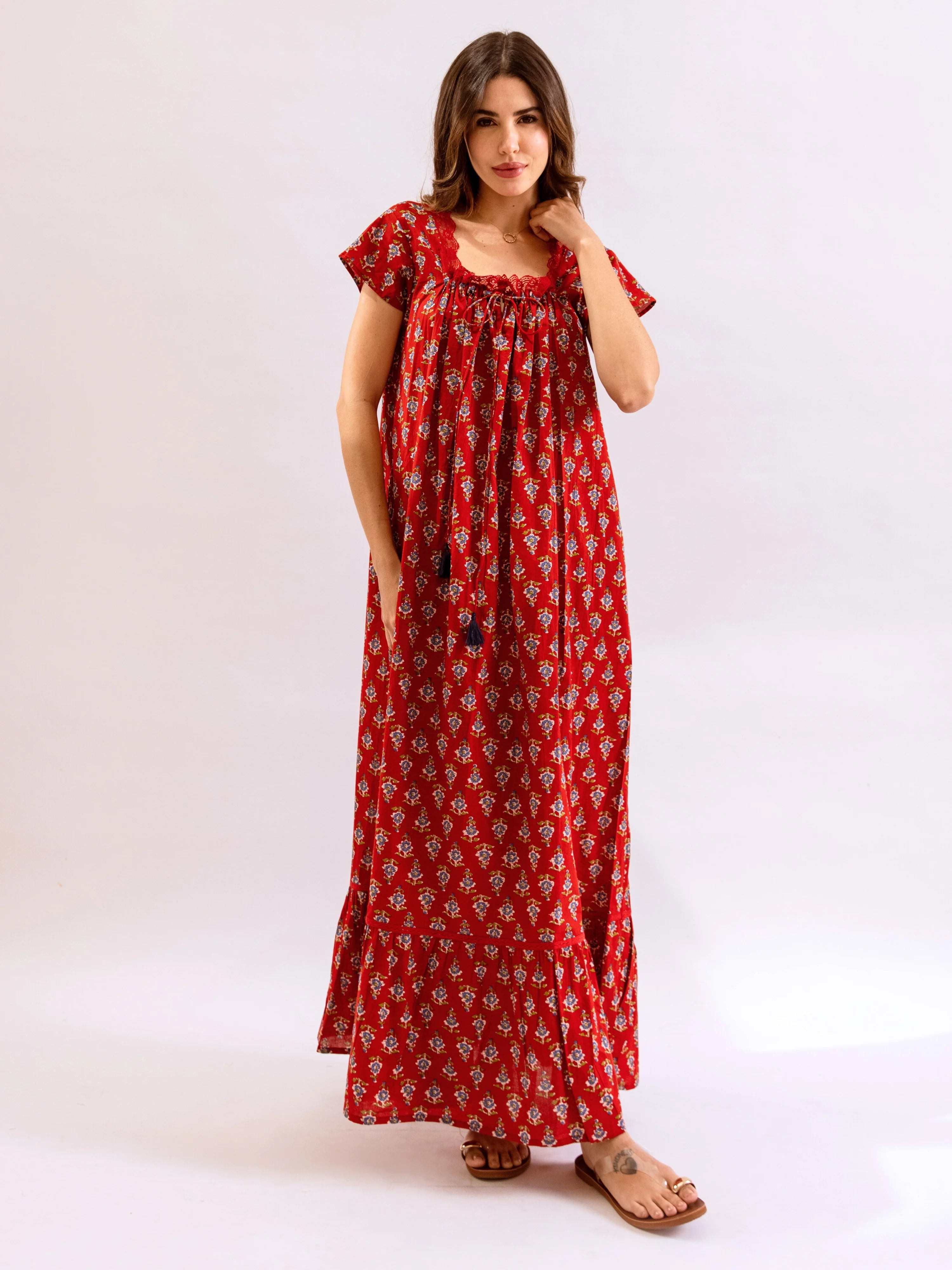Red Petal Play Tie-Up Pure Cotton Square neck Night Maxi - Image 11