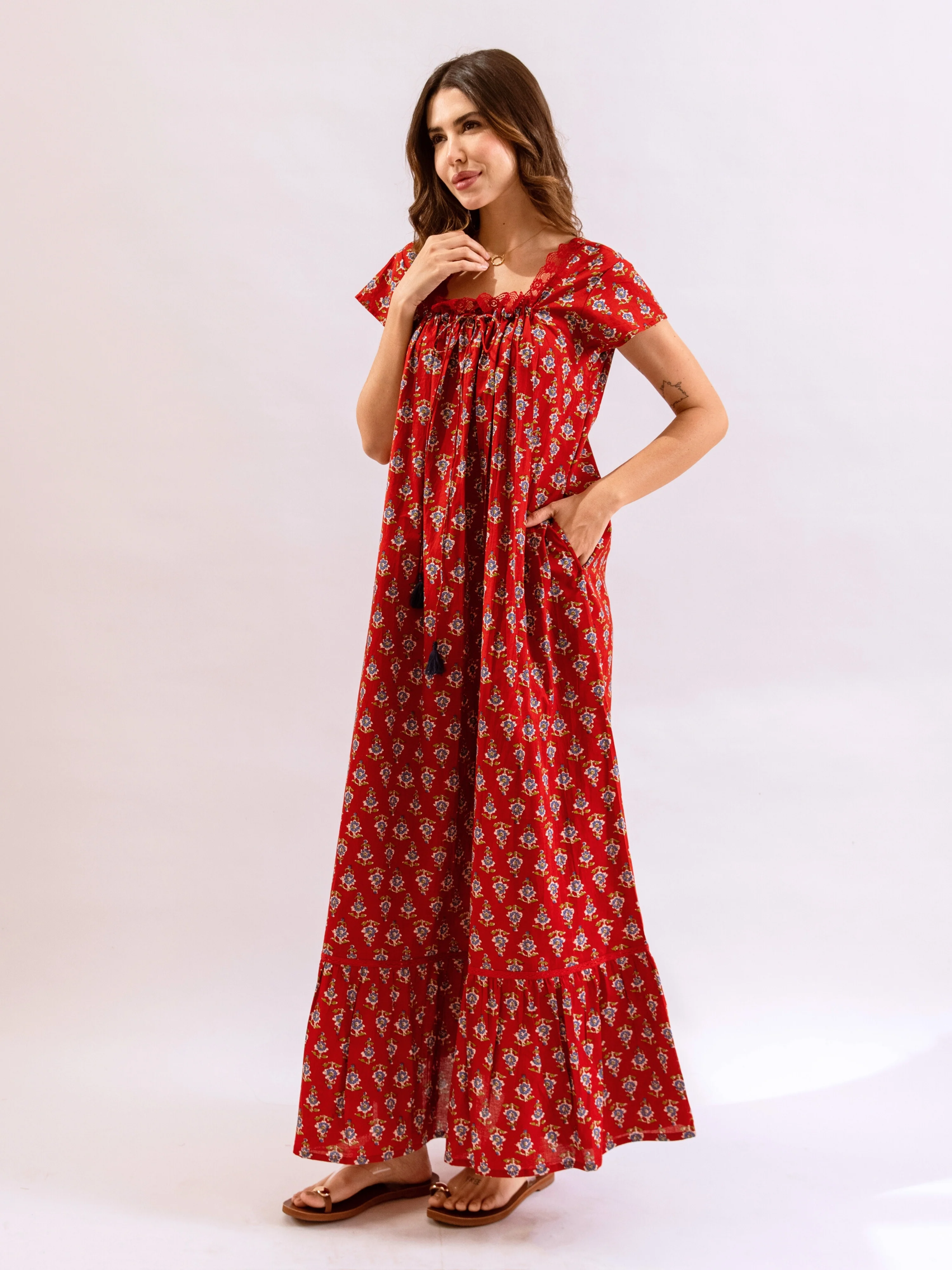 Red Petal Play Tie-Up Pure Cotton Square neck Night Maxi - Image 12