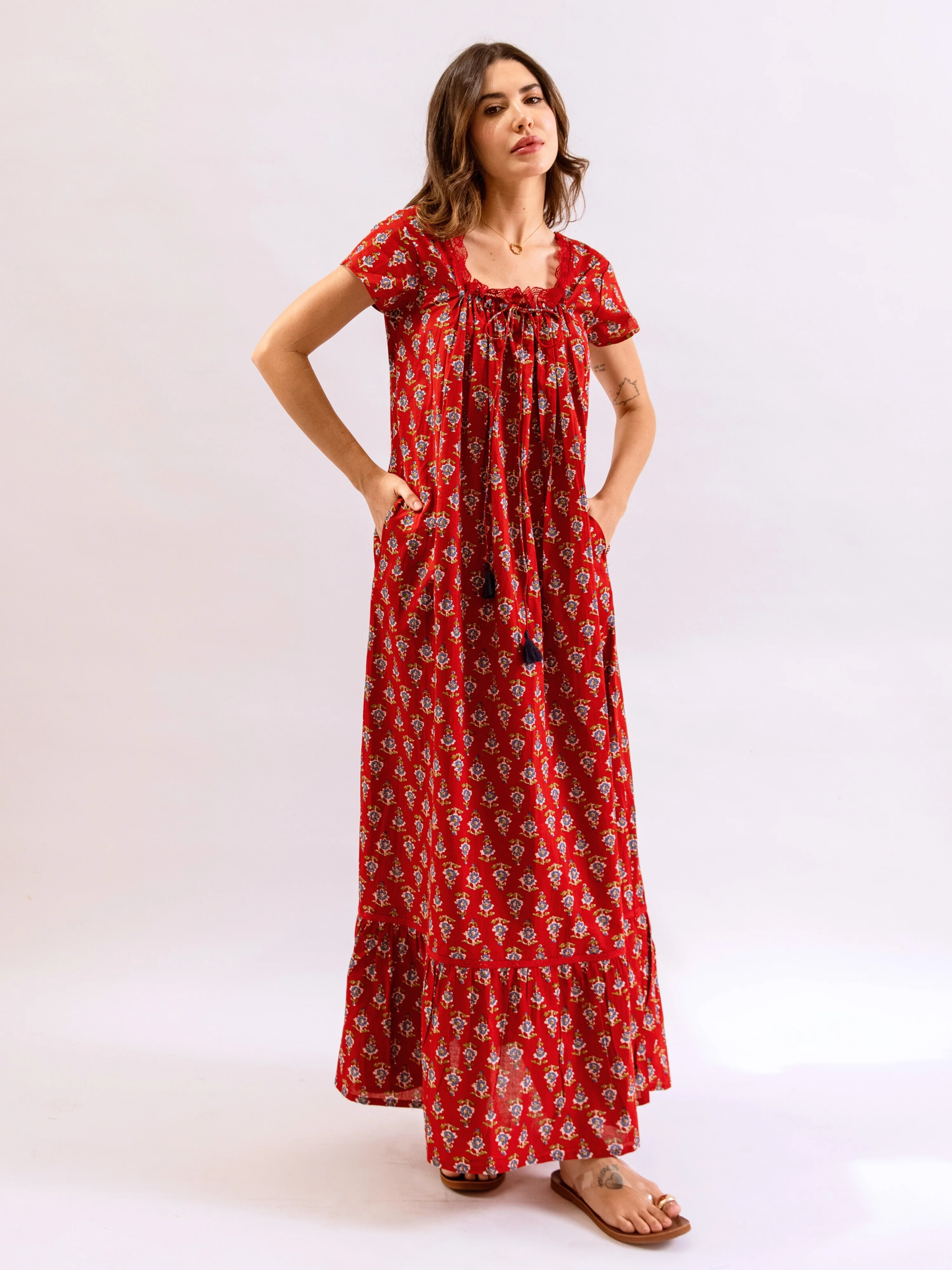Red Petal Play Tie-Up Pure Cotton Square neck Night Maxi - Image 2