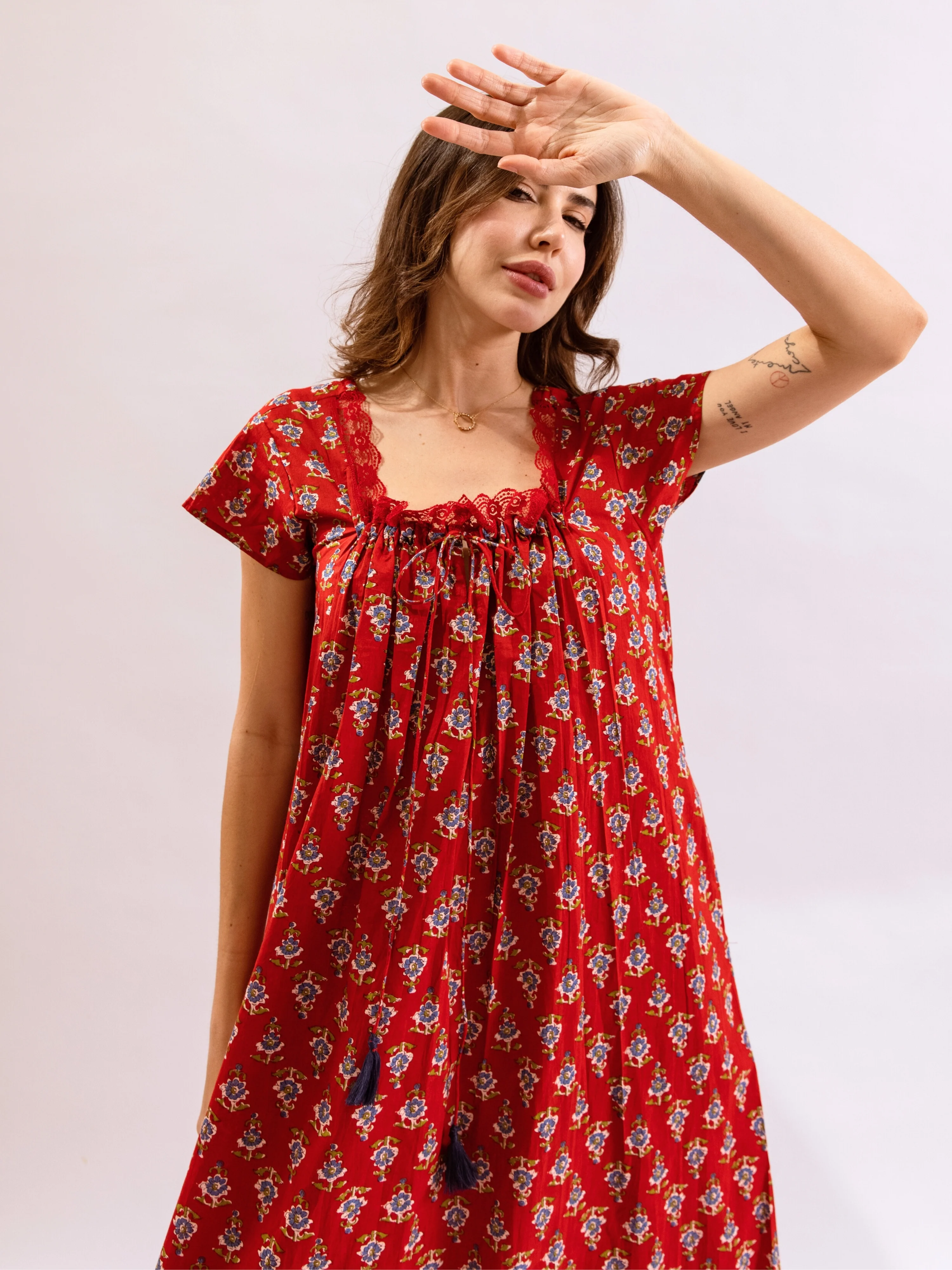 Red Petal Play Tie-Up Pure Cotton Square neck Night Maxi - Image 3