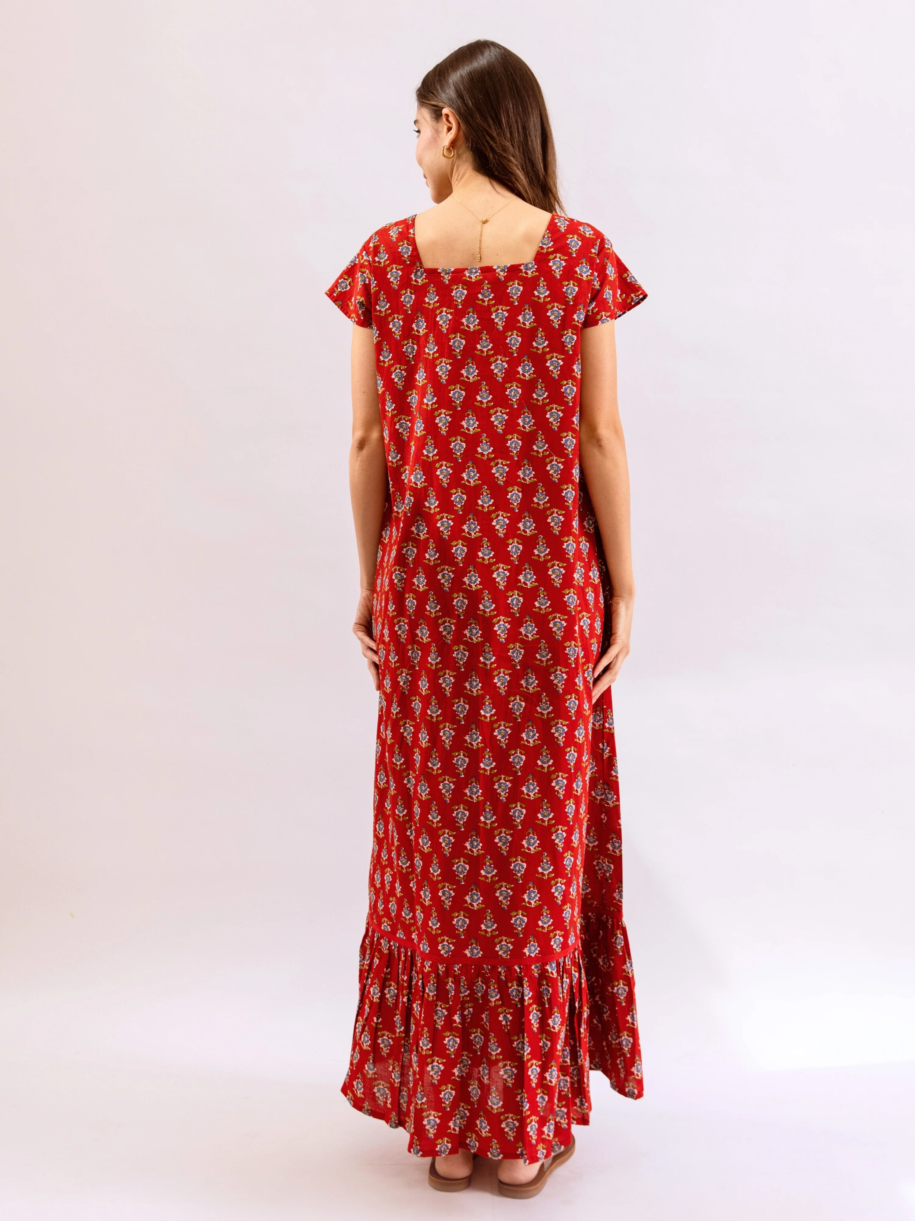 Red Petal Play Tie-Up Pure Cotton Square neck Night Maxi - Image 4