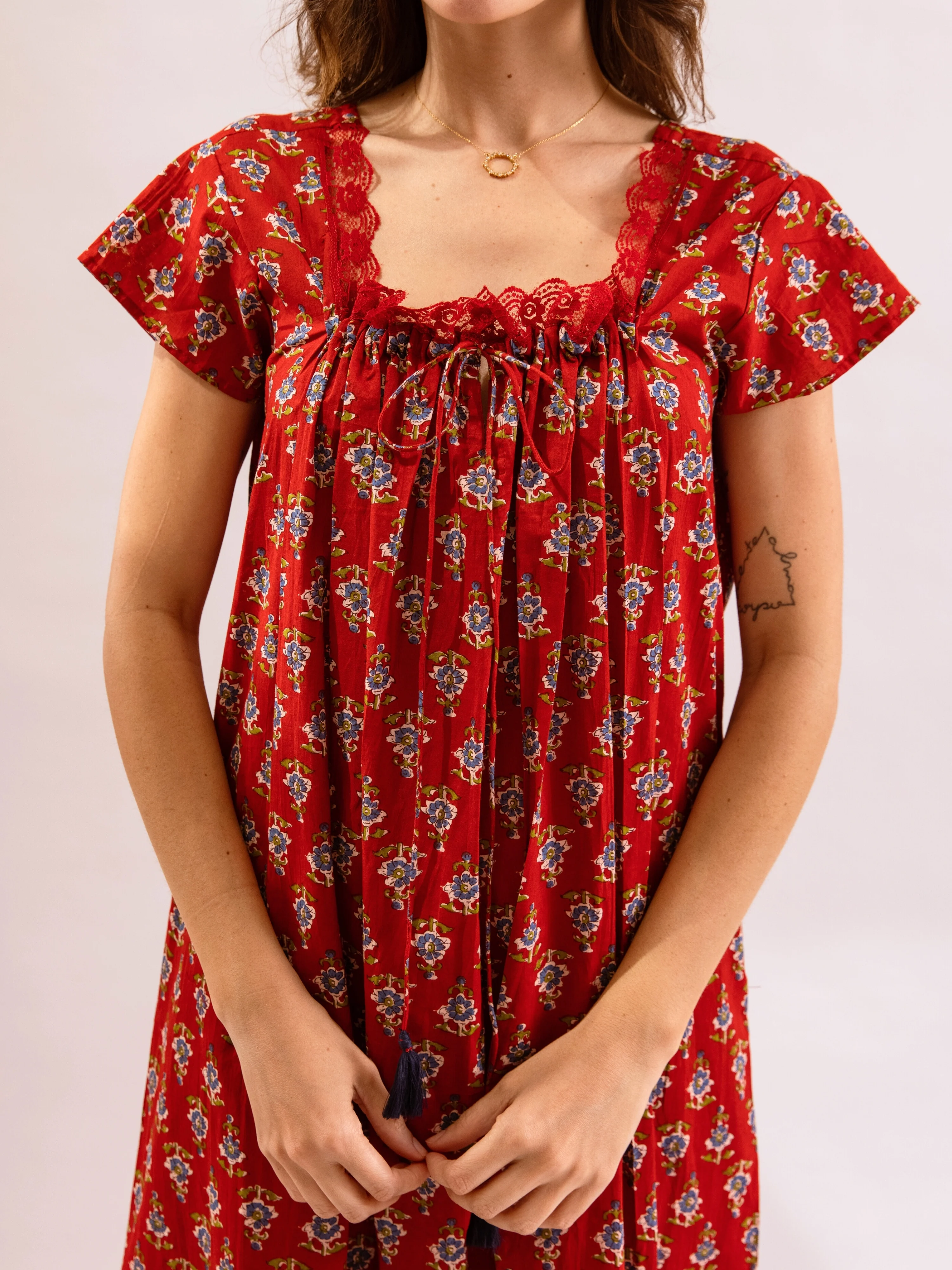 Red Petal Play Tie-Up Pure Cotton Square neck Night Maxi - Image 5