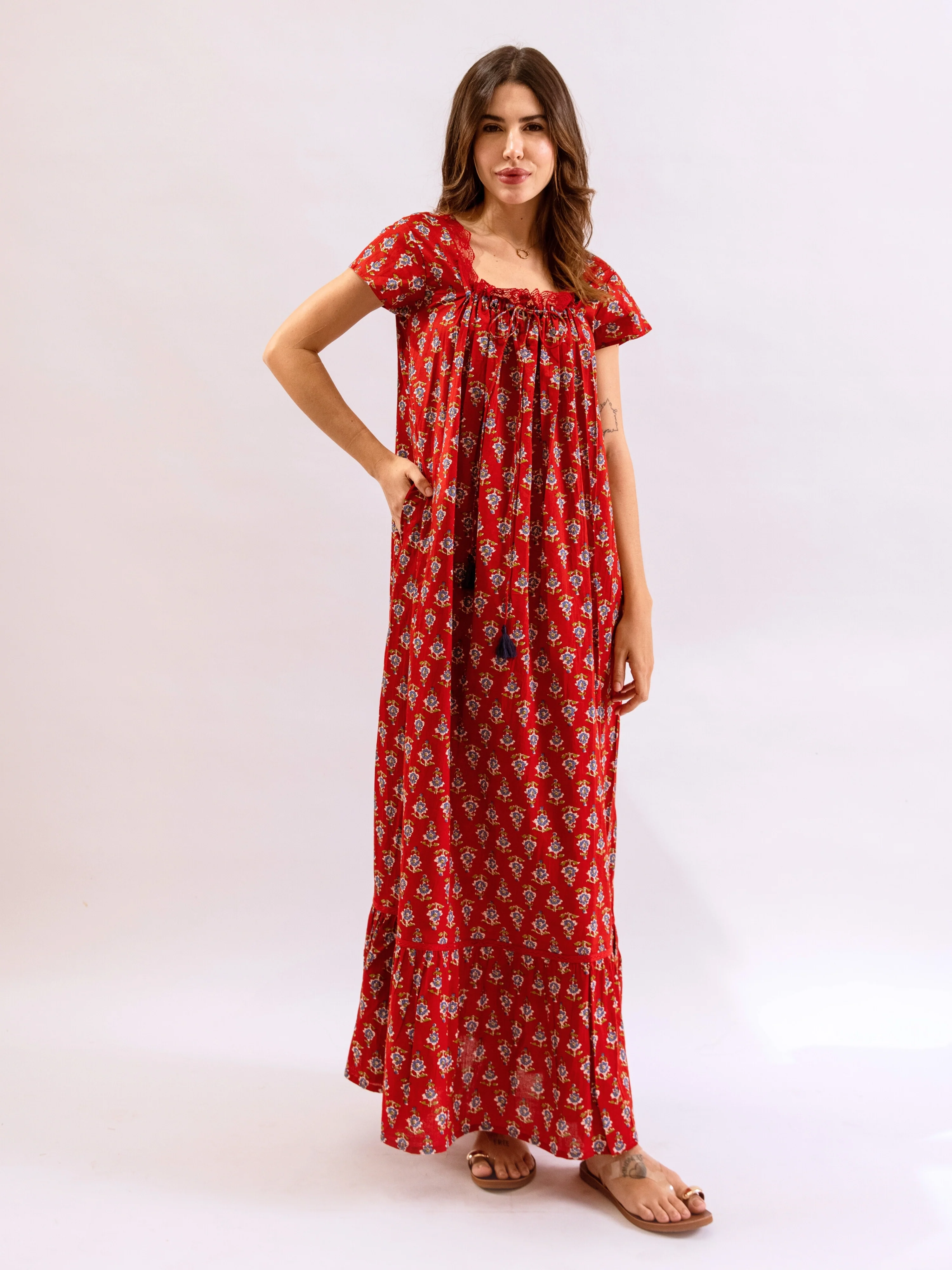 Red Petal Play Tie-Up Pure Cotton Square neck Night Maxi - Image 7