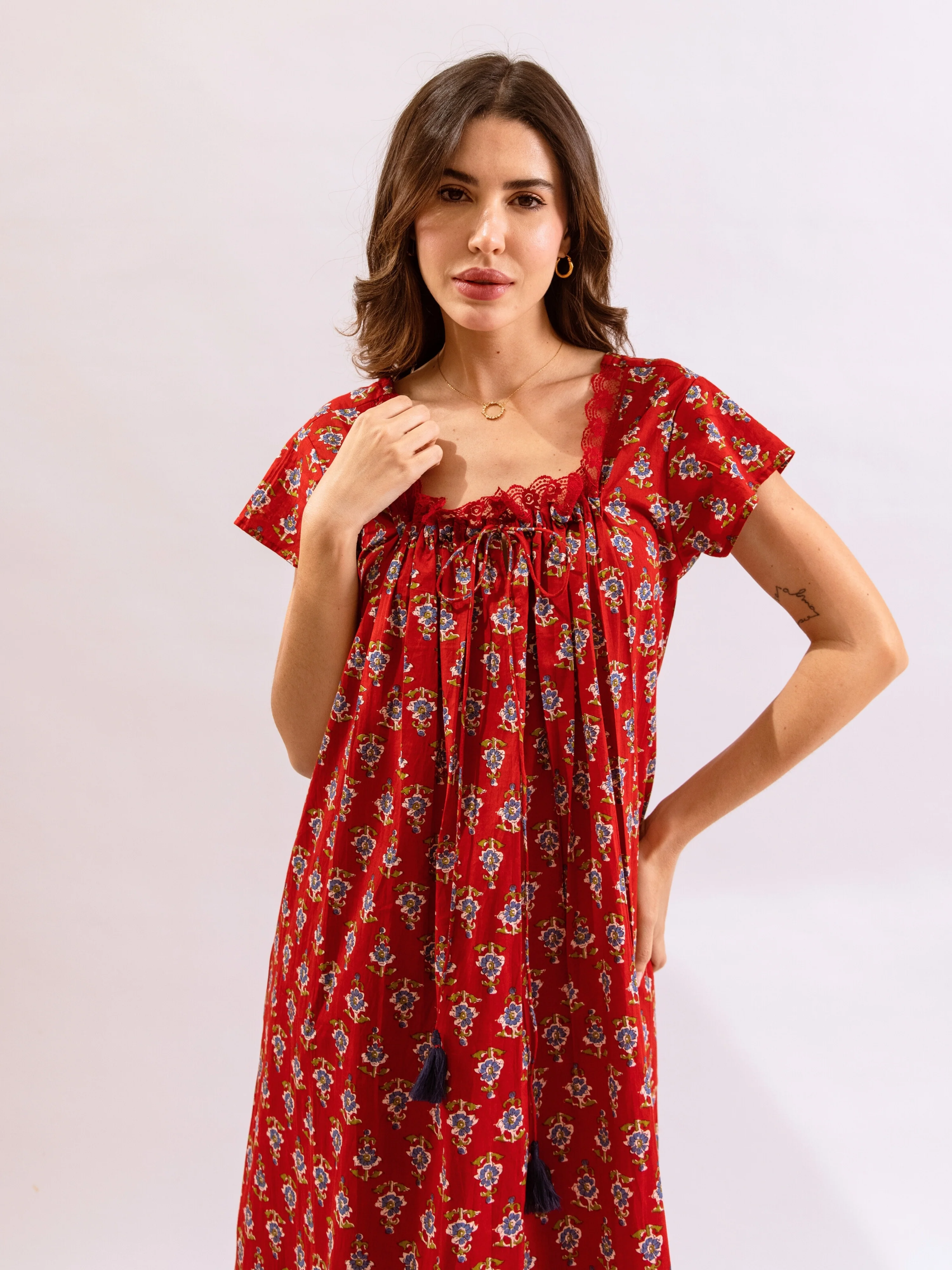 Red Petal Play Tie-Up Pure Cotton Square neck Night Maxi - Image 8