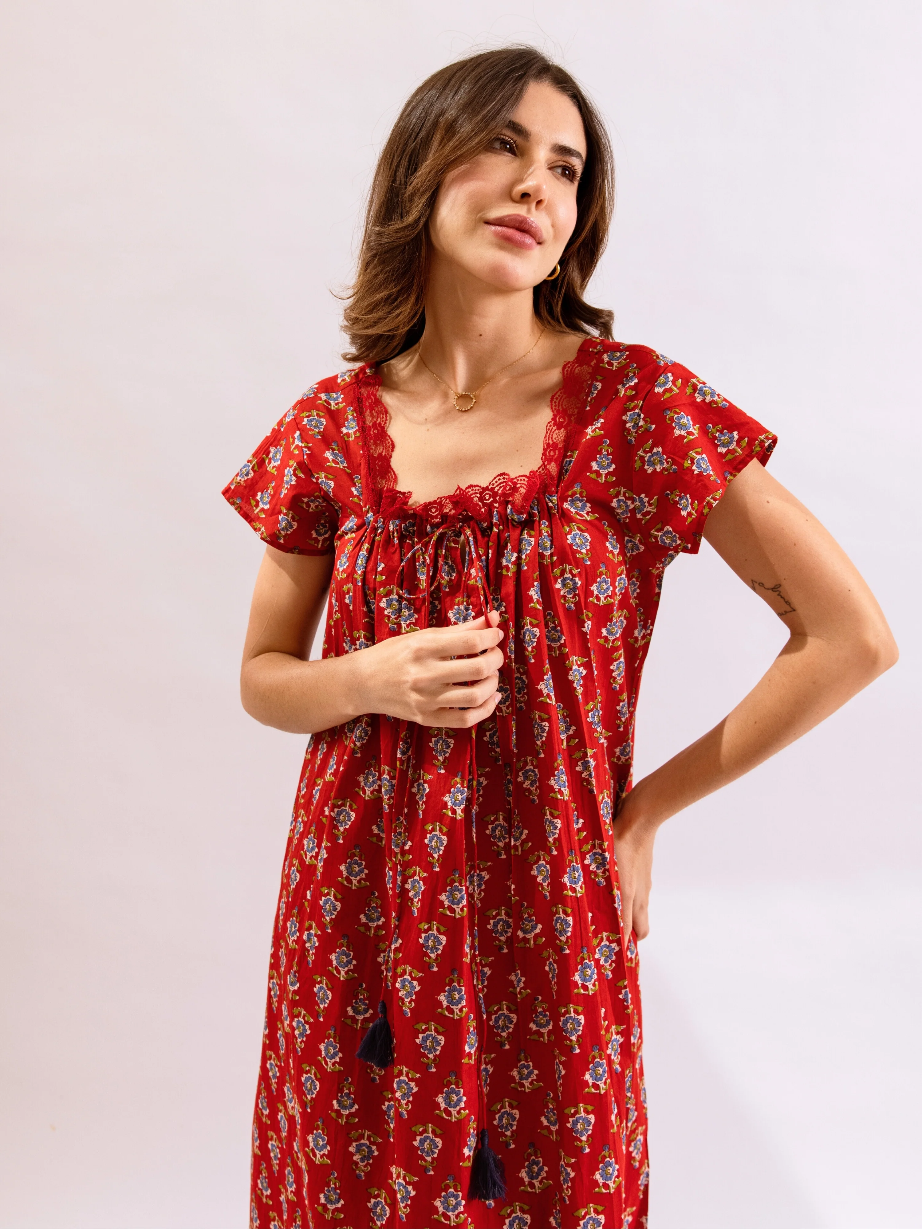 Red Petal Play Tie-Up Pure Cotton Square neck Night Maxi - Image 9