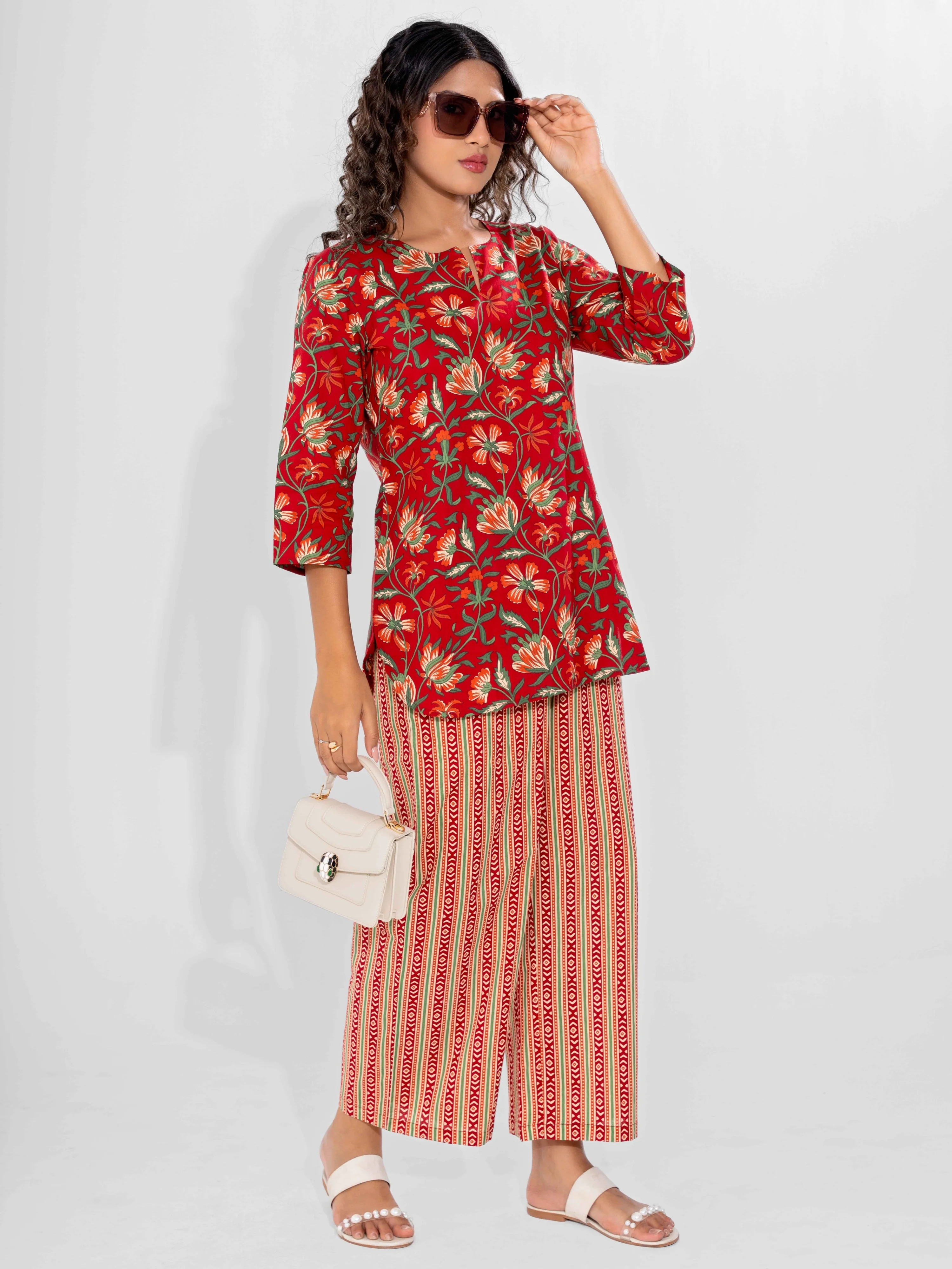 Red Nazakat Pure Cotton Round Neck Co-ord set - Image 11