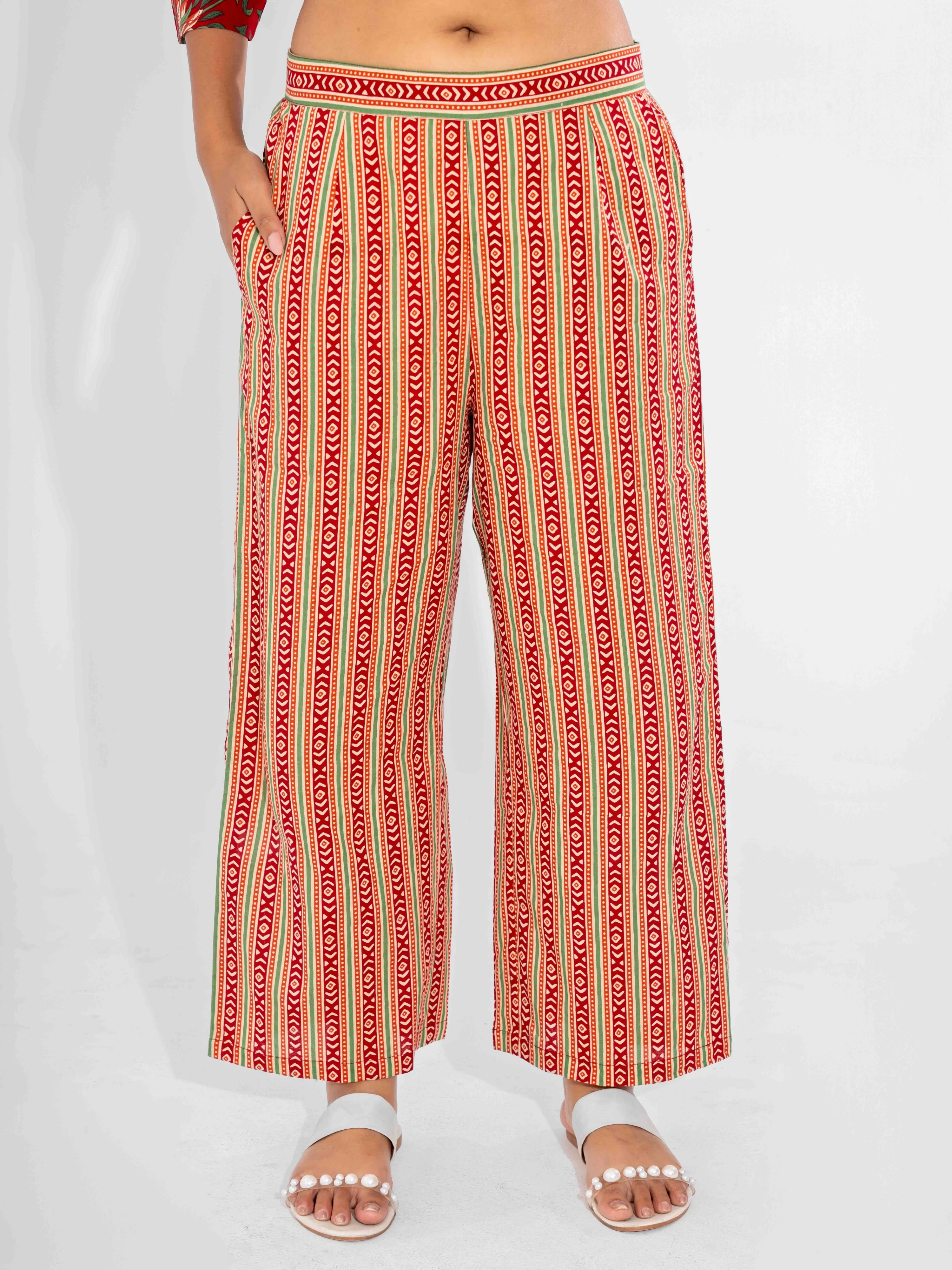 Red Nazakat Pure Cotton Round Neck Co-ord set - Image 4
