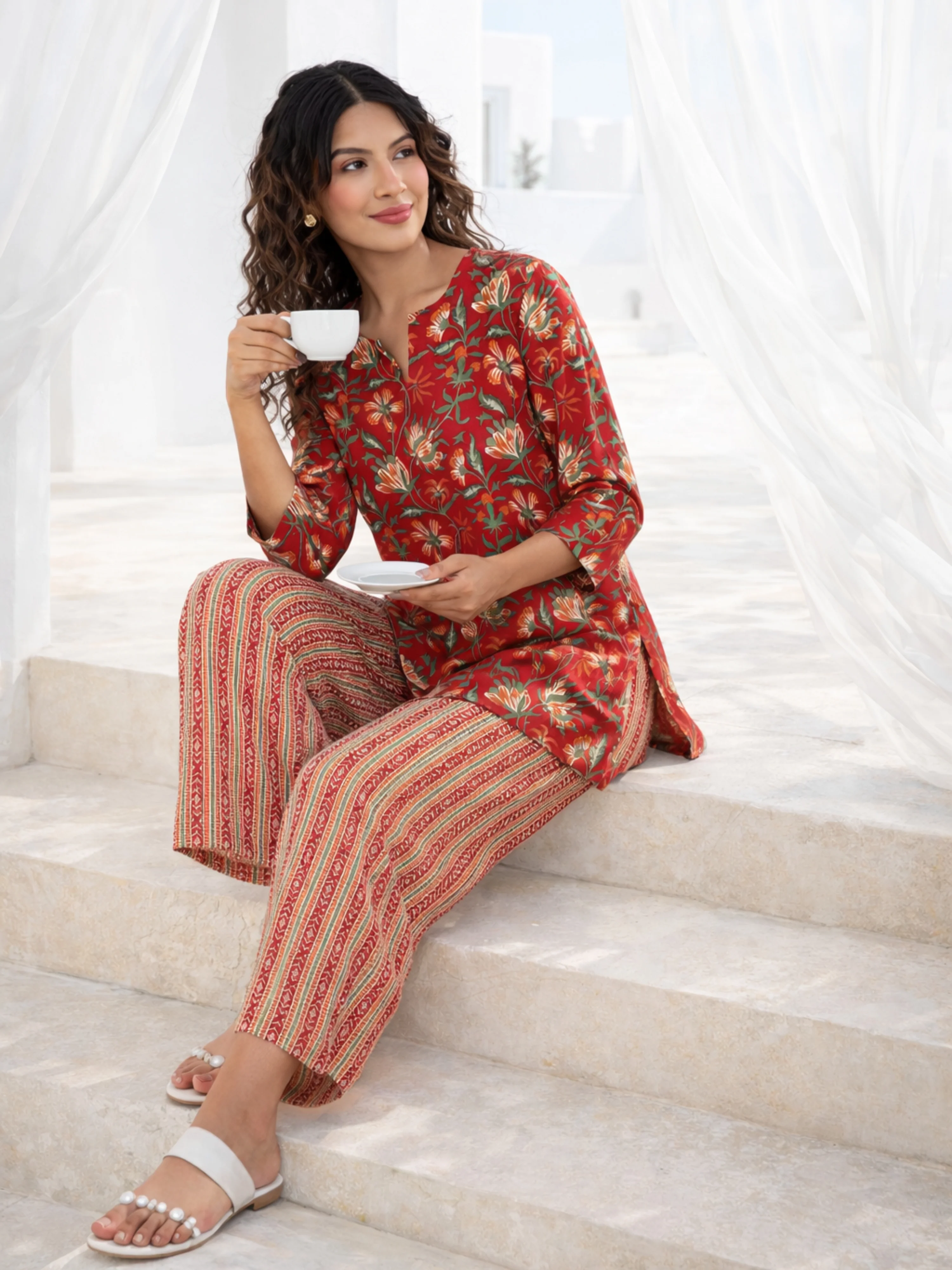 Red Nazakat Pure Cotton Round Neck Co-ord set - Image 6